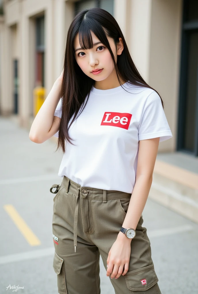 ((medium shot)),(white cropped t-shirt ,Kahki cargo pants,sneakers),(entrance of lovehotel), japanese lady, pale skin, droopy eyes, 28 year old,(dark Blonde short side ponytail with side bangs:1.3),standing, high quality:1.3, shoot from below,Professional lighting:2.0 realistic:1.2, 4k resolution, detailed skin, masterpiece:1.1,smile,(Slender body),(athlete:1.2),(nipples poking through clothes:1.1),camel toe,