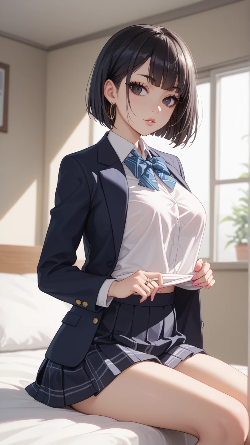 (A beautiful woman、slender), perfect anatomy, High school girls、uniform、Trying to take off her panties、Look down、pussy juice, classroom、17 years old、Glossy lipasterpiece、highest quality、black hair, messy hair, (8k, High resolution)、(embarrassed:1.4)、(blush)、 small breast