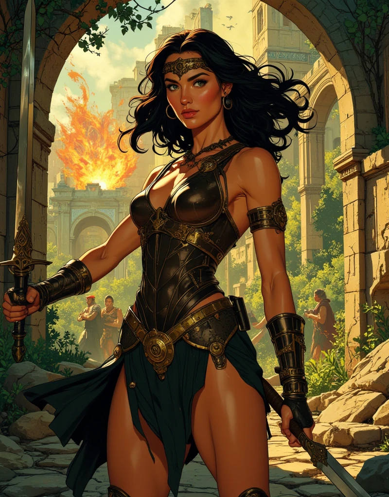 (masterpiece, top quality, best quality, official art, beautiful and aesthetic:1.2), (1girl:1.3), dark brown hair pulled back, in an untidy mane, braids, extremely detailed, portrait, looking at viewer, solo, (full body:0.6), detailed background, close up, facepaint, (warm summer desert theme:1.1), busty human barbarian queen, elegant face, long face, charlatan, smirk, mysterious, walking in savannah, revealing tribal attire, brown leather, fur lined clothes, long boots, buckles, straps, pouches, axes, tan fabric, brown leather, ((gigantic breasts, skindentation, cleavage)), toned, strong, slim waist, slim hips, long legs, muscular legs, medieval (savannah exterior:1.1) background, dark mysterious lighting, shadows, magical atmosphere, dutch angle, (comics)