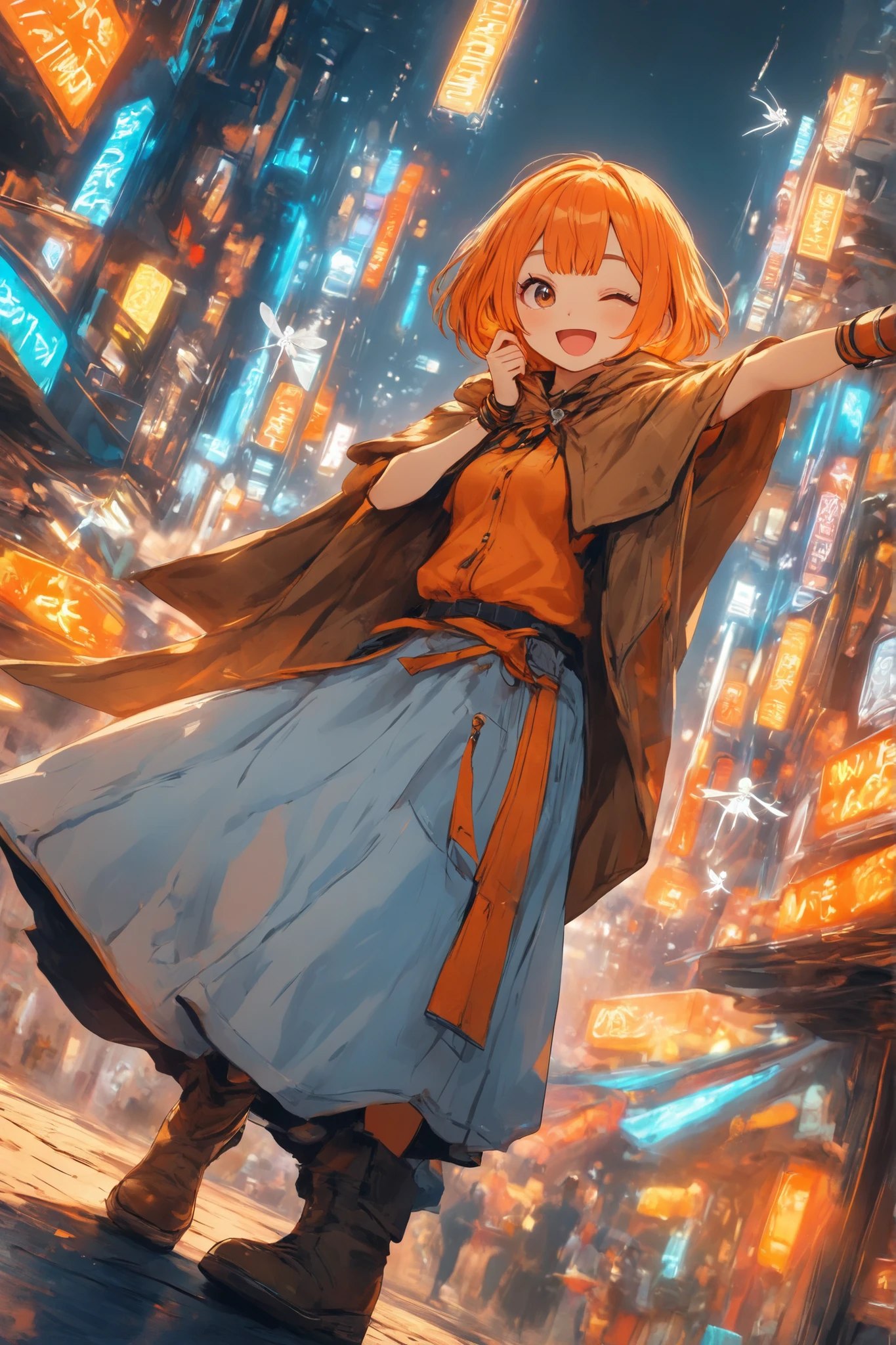score_9, score_8_up, score_7_up,solo,sherryg,a girl\(warm orange bob hair,one eye closed,one ginger to her cheek,open her mouth,big smile),clothes\(orange tiny shirt with white patterns,simple cloak,long wide pants,nikkapokka style,dark brown boots with orange bow\),she is flying on sky with crystal texture umbrella,one little cute fairy with her,white fairy,details of the fairy,Dutch angle,neon cyberpunk city,background,happy atmosphere,HDR,8k