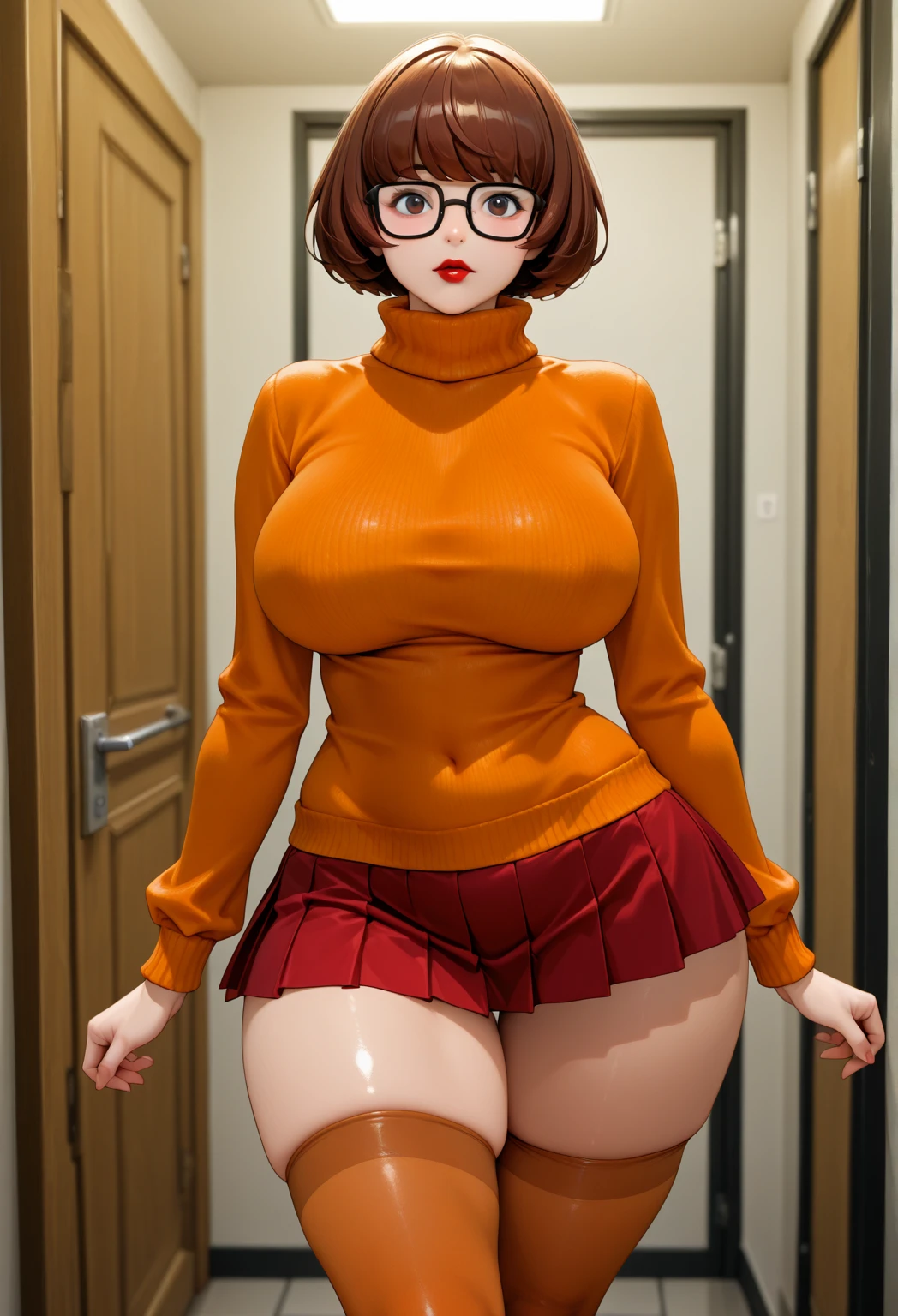 ((Velma)) scooby doo, thick black glasses, reference sheet, concept character, character design, sketch, sexy lips, (gigantic breasts:1.2), breasts, official illustration, short brown hair, oversized sweater, orange sweater, red skirt, illustration, detailed face, beautiful intricate eyes, curvy milf, 1:2), closeup, titsnipples, hourglass waist, slendered ans, wide hips, short orange socks, black heels