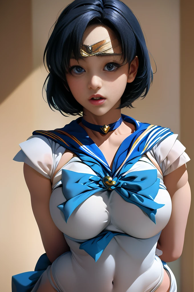 (La Best Quality,A high resolution,Ultra - detailed,actual),Selena Gomez in sailor moon mercury, ,(Ruined dungeon ruins background:1.4 ). ( SPARKLE; Glitter, (skirt lifted by itself: 1.1), (skirt lift: 1.3), (showing white panties: 1.3), More detailed 8K.unreal engine:1.4,UHD,La Best Quality:1.4, photorealistic:1.4, skin texture:1.4, masterpiece:1.8,first work, Best Quality,object object], (detailed face features:1.3),(The correct proportions),(Beautiful blue eyes),  (cowboy pose), ,(Ruined dungeon ruins background:1.4 ), (skirt lifted by itself: 1.1), (skirt lift: 1.3), (showing white panties: 1.3),( cinematic lighting :1.4), (bright colors), (Selena Gomez :1.4),( Selena Gomez V2.1), (perfect fingers :1.4), (perfect anatomy :1.4),( sailor moon mercury :1.4), (sailor moon mercurio V2.1)
(full-face blush:1.2),(embarrassed,blush:1.3),glasses,nsfw,
((from front,front face)),((highest quality)), ((masterpiece)), (be familiar with), (High definition), Cinematic, (Complex:1.4), Best Shadow, Side lighting, 8K, ((Charlize Theron)), ((Doronjo)), Perfect Face, Detailed, (Accurate hand and finger depiction), ((Doronjoのマスクとコスチューム)), (Blonde Long Hair), Beautifully long red nails, deep red lipstick, (Voluptuous body), (Large Breasts)、(Cleavage), Narrow waist, Big Ass, Alluring, glamorous, Smile, ((Crouching)), (woman on top), (Chest up:1.3), Flattering pig, looking away, aerial angle, (mechanical, complex body), ((huge god's weapon has female face's outline embedded)), small breast, drooping eyes, blush, sleepy, (art nouveau), The main character is Usagi Tsukino, a clumsy and seemingly ordinary teenage girl who discovers that she is the reincarnation of Sailor Moon, the legendary warrior of love and justice. Usagi is joined by other Sailor Guardians, including Sailor Mercury, Sailor Mars, Sailor Jupiter, and Sailor Venus, each of whom possesses unique powers and abilities. Together, they fight evil forces, protect the world from various threats, and search for the Moon Princess.