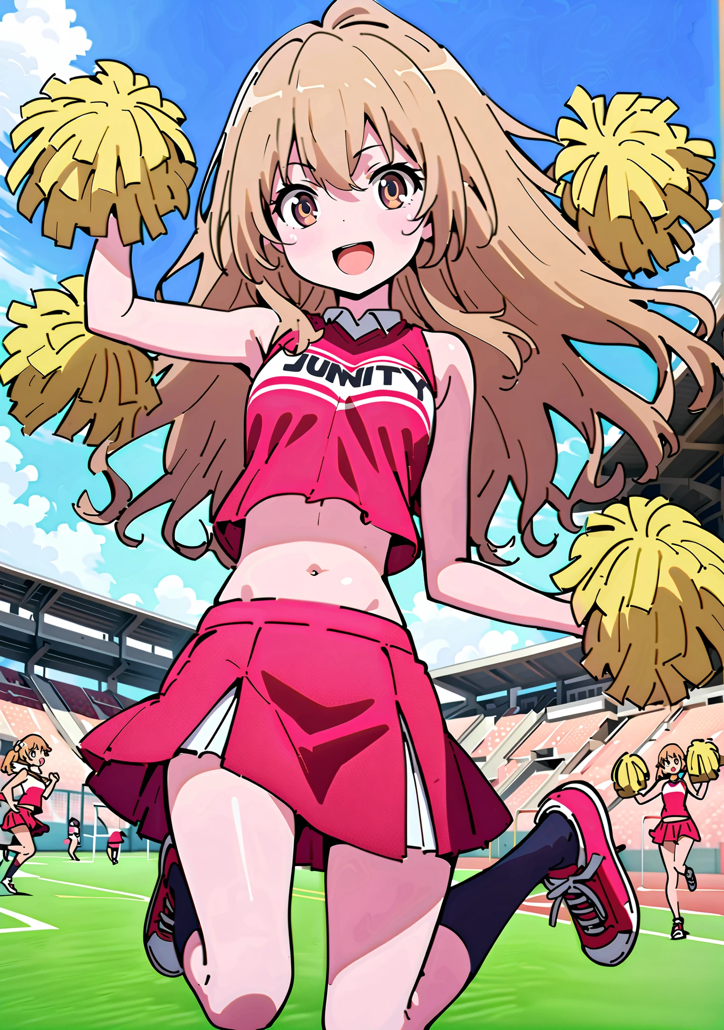 TaigaAisaka, Aisaka Taiga, solo,long hair, brown hair, long hair,brown eyes,Glowing Skin,smile,cover,opens her mouth, small ,(Cheerleading), (full body), on chest, (I sweated), I sweated Wet Clothes, (Red clothing),sleeveless, red pleated skirt,black socks,sneakers with a ladyback letter,belly button stick, playground, (jump), (jump), 足を曲げてjumpする,blue sky, Compa, smile,cheerleader, Pom-pom \(Cheerleading\) real hair ornaments,angle from below,audience,full bodyがイラストに入るように,break outdoors,Stadium,
break looking at viewer,full body,
break (masterpiece:1.2),Best Quality ,Kampala,unity 8k 壁紙,(shape:0.8),( fine and beautiful eyes :1.6),It's a person ,full body写真,CG Details , (perfect hand,complete anatomy),