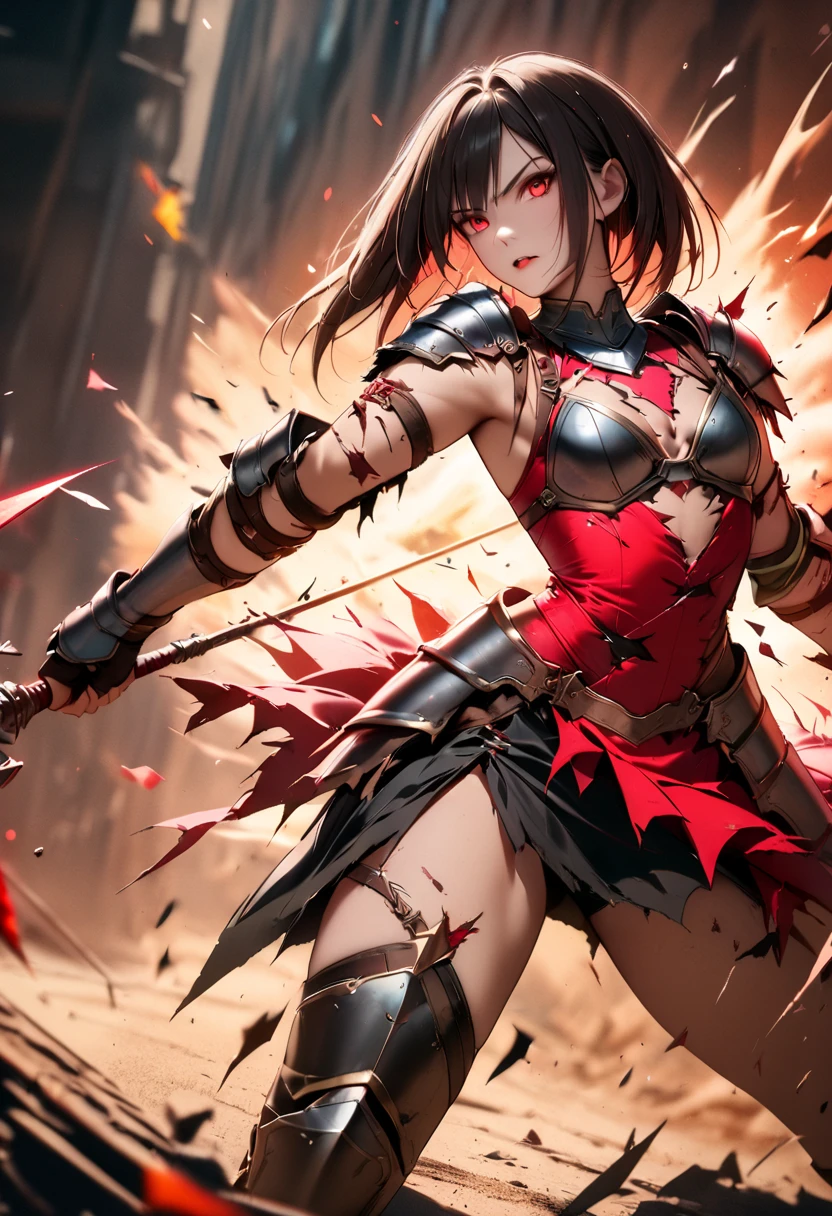 Bikini Armor, Big Axe, (Brave), (The background is a dungeon), Tohsaka Rin, (masterpiece), highest quality, 1girl, uhd, retina, masterpiece, ccurate, anatomically correct, textured skin, super detail, high details, high quality, best quality, highres, 4K