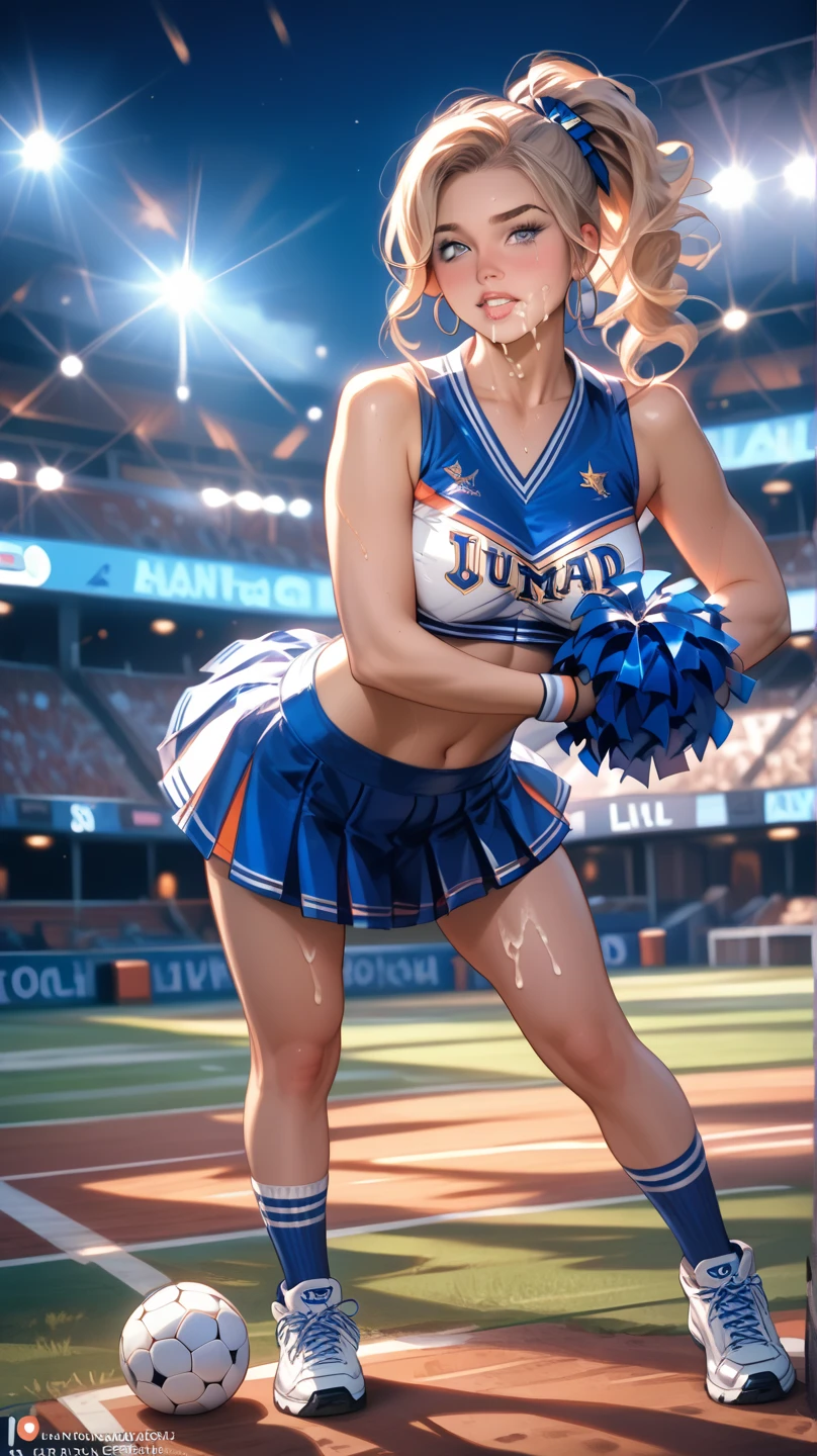 best quality,high resolution,hyper realistic,depth of field,hyperrealistic textures,long view,wide shot,seductive posture,a girl standing stadium Center,seductive posture,audience's background,cheerleader uniform,Skin detail,Clothing details, <lora:shinyOiledSkin_v1:0.8>, <lora:bruGr1pha0BBB_10:1>