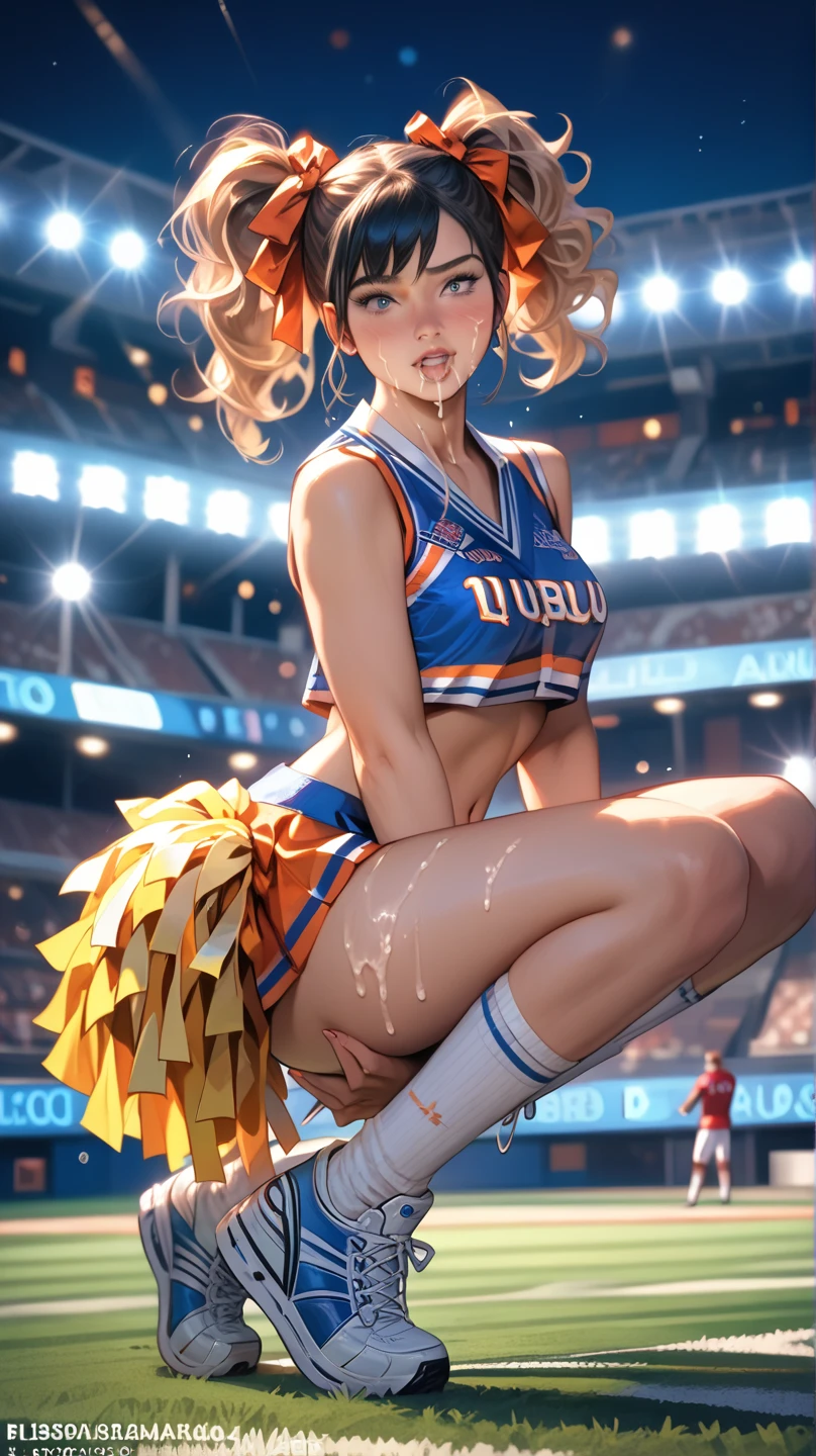 cheerleader team dancing passionately in the rain at an outdoor sports arena, holding pom-poms, beautiful cute face, dynamic dance moves, strong sense of unity with teammates, wet and sexy outfit, splashing water droplets,(highest quality,16k,highres,masterpiece:1.2),ultra-detailed,(ultra-realistic,photo-realistic:1.37),highly detailed, dynamic dance scene, dramatic lighting, cinematic, vibrant colors, rain effects,rainy landscape,sports,female athlete,dance performance