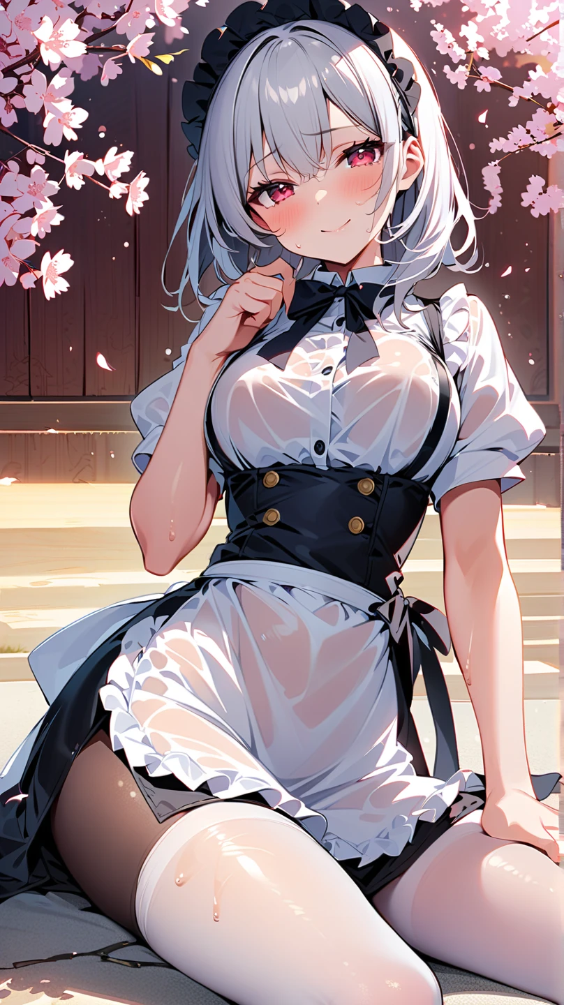 (pieces fly: 1.3), (maximum resolution: 1.2), (ultra high definition tv: 1.2), cinema light, 8K resolution, fine eyes and skin, detailed faceの特徴, , (sharp focus on breasts: 1.2), (The focus is on the face:1.2),perfect style, cute face, Accurate, anatomically correct, Highly detailed face and skin texture, fine eyes, double eyelid, thin eyebrows, glitter eyeliner: 1 natural cheek, shiny skin, Fair skin, Glossy skin: 1.2, (glossy lips: 1.4),、 (embarrassed look: 1.2),20 year old woman, (detailed face:1.2), (highest quality:1.2), Retrospective shot of rear loam、angle from below, Low - Angle, from behind, cinematic lighting, perfect style, beautiful face, (skirt lift:1.4), loose and wrinkled white panties, butterfly thighs, blush、humiliation、impatience、glare、tears、embarrassing、 (Maid clothes:1.5),full of sweat、silver hair、green ash eye、Retrospective shot of rear loam、Low - Angleから、soaking wet、Overflowing sperm、(fascinating butt:1.4),、exposed panties、disheveled clothes、exposed chest、