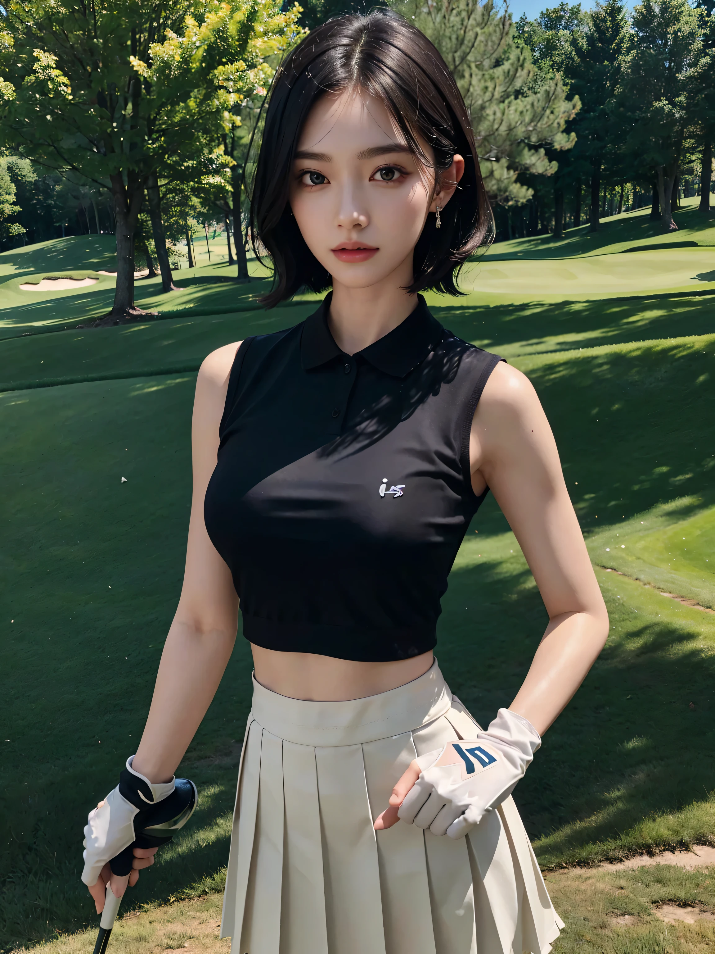 (tmasterpiece，White sneakers and polo shirt translucent，Realistic details，Ultra-high resolution：8k wallpaper，The character bows his head，The eyes are delicate，pupil realistic，Yellow-skinned，Short black hair, brown eyes，Slim dynamic light and shadow，Redlip，Bigchest，White tennis suit and miniskirt，Panorama sky, blue sky, white clouds)