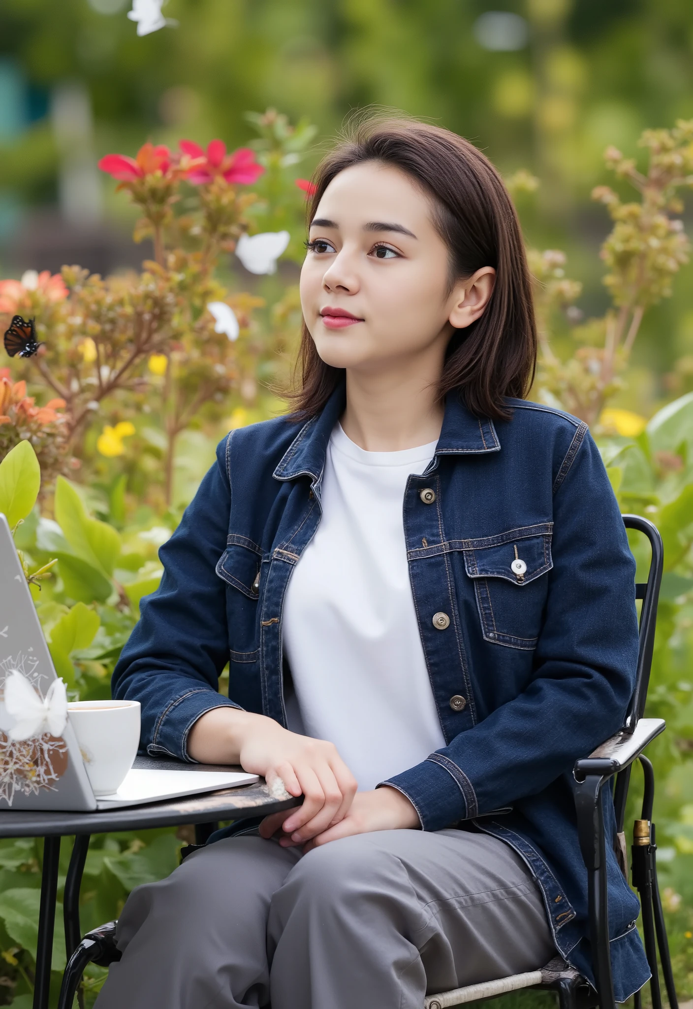 beautiful Korean girl, white, well-groomed face, wearing a dark blue jeans jacket, white t-shirt, cargo trousers, thin smile, sitting in a garden chair, table with a laptop, hot coffee, beautiful flowers blooming in the background, open room, growing green grass, and there are flying butterflies, original, realistic photos