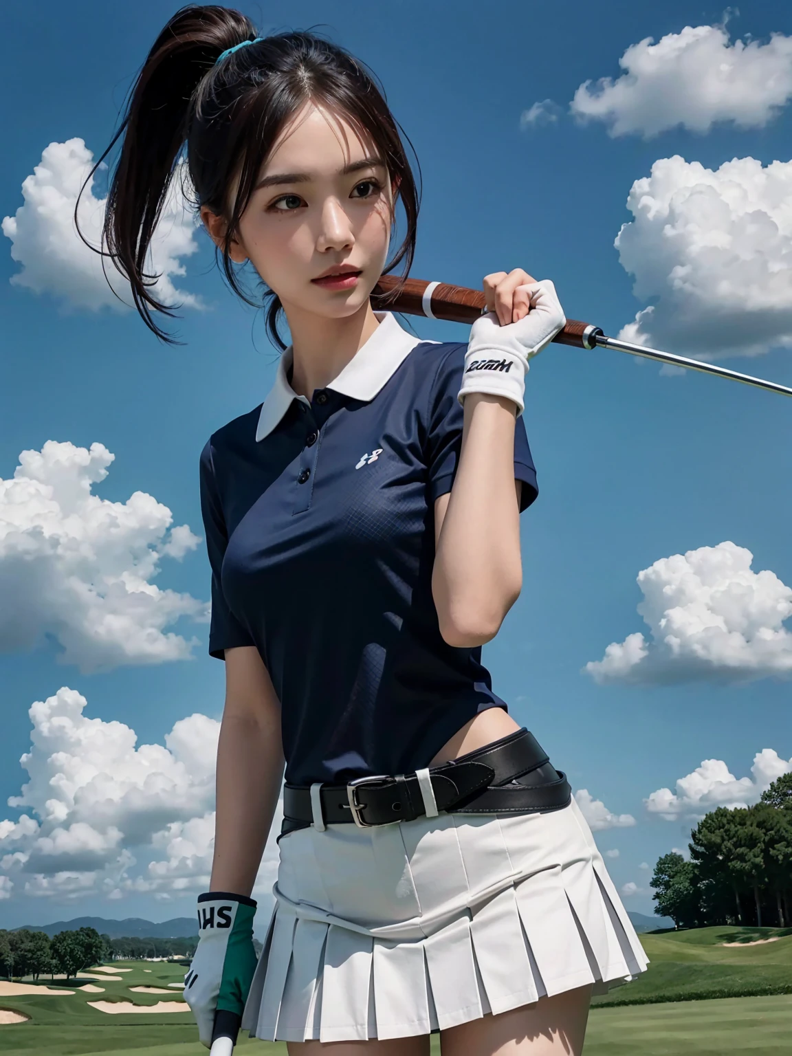 ((highest quality)), ((masterpiece)), (detailed), Perfect Face、(Tabletop:1.3), (8k, Realistic, Raw photo, highest quality: 1.4), Beautiful Face, (A vivid face), (shortcut:1.3), Realistic eyes, Beautiful Eyes, (Real Skin), Beautiful Skin, 超High resolution, Surreal, High resolution, Beautiful Japanese Woman、(Golf Wear:1.4)、(Tight flare mini skirt 1.2)、(Sexy ass:1.5)、A shy smile、Bending、Backward view、whole body、Angle from below、(((Skirt flip、No pants、Genitals are visible)))