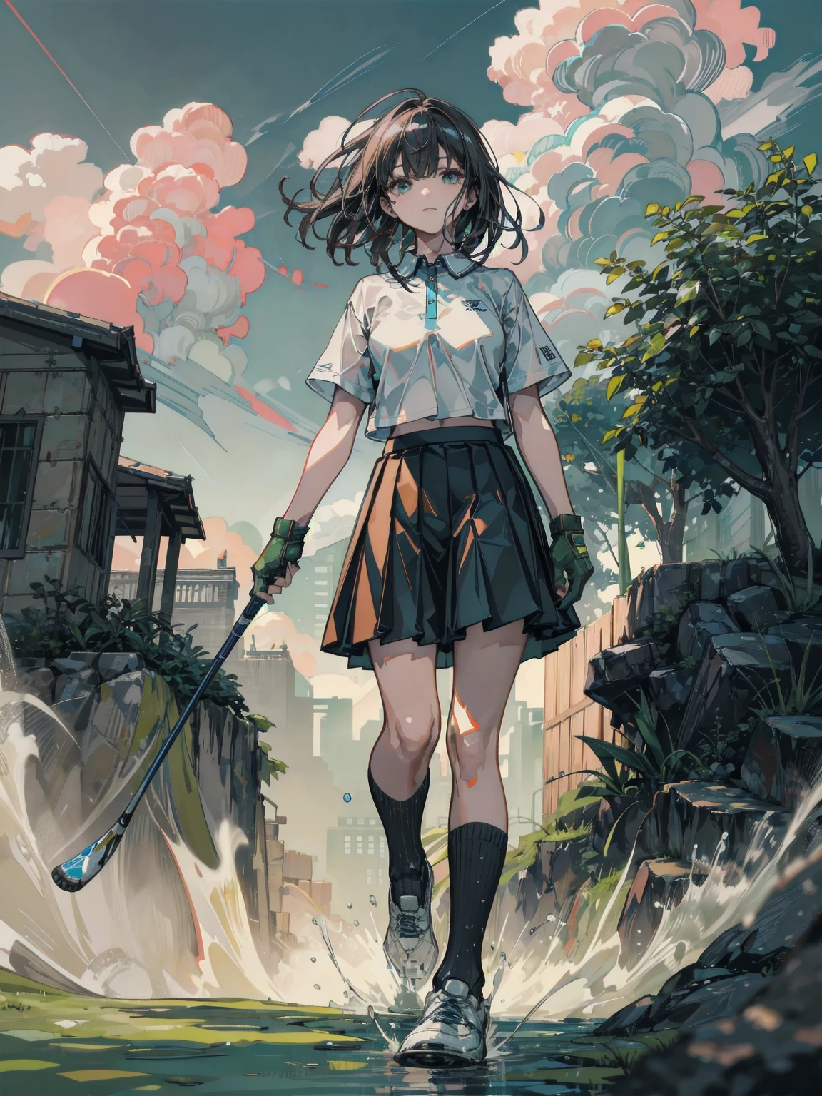 realistic anime illustration of a latin-american woman is running from home, along the way with green valley, she is black shoulder length curly hair, wears white short sleeve blouse, blue-gray denim pencil mini skirt , and black shoes, (1girl, solo, full body), (masterpiece, best quality, japanese anime style), (expressive eyes, perfect face, perfect anatomy)