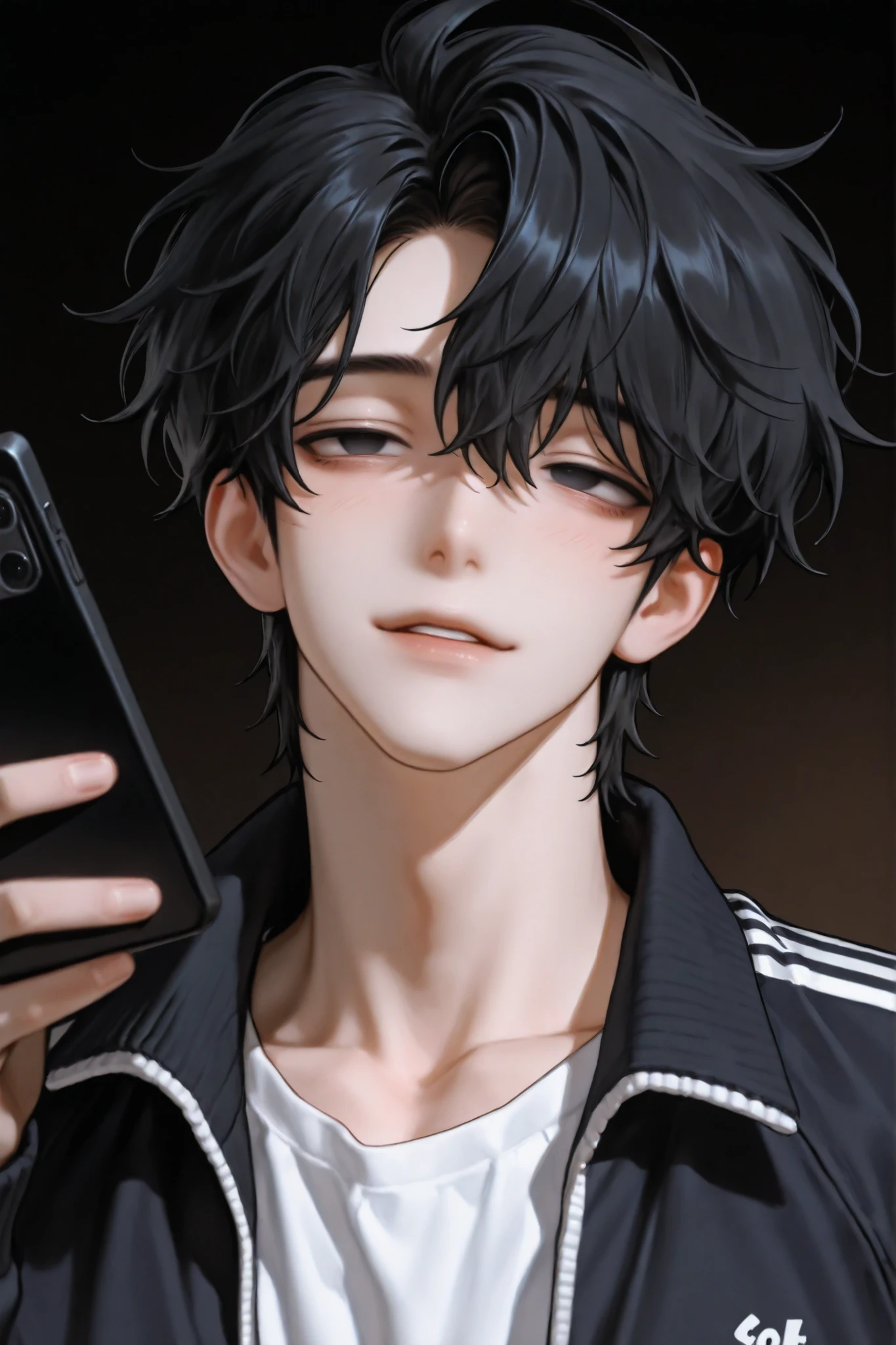 Korean hansome boy, black hair, coma hair style, lazy eyes, wear white shirt and black tracktop, hold Black smartphone, he looks from the side in a dark room and one light