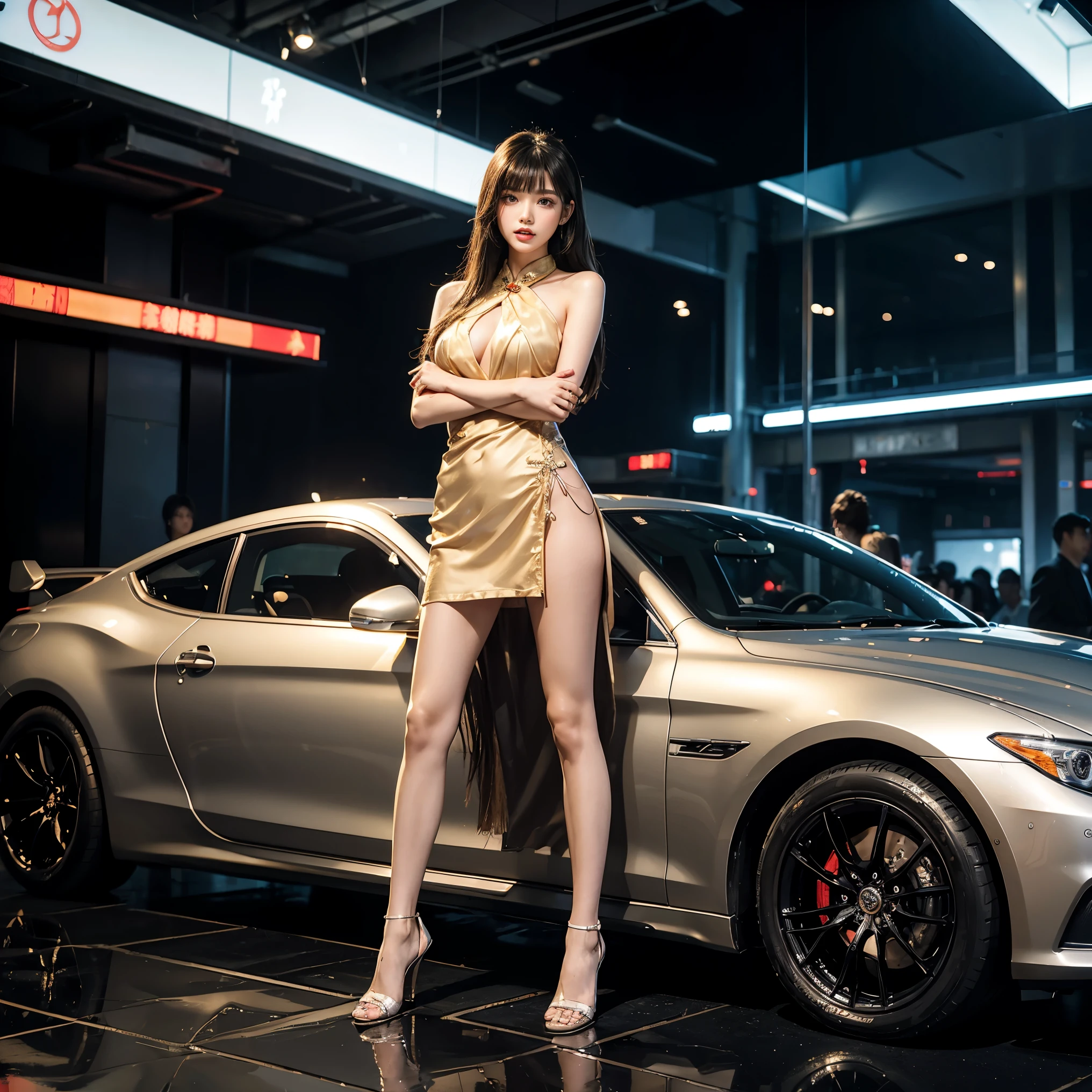 (((best quality))),(((ultra detailed))),(((masterpiece))),illustration,((1girl,gorgeous female model,solo)),((earrings,crystal collar)),((slim,thin)),((small breasts,flat chest)),(slender legs:1.2),(high heels:1.2),(standing:1.3),(arms behind back:1.3),(beside a sleek futuristic car:1.3),(glamorres sparkled dress:1.3),intricate embellishments,drop-dead gorgeous,(shoulder length straight hair:1.2),vibrant piercing eyes,delicate facial features,rosy cheeks,parted res lips,confident allure,beauty grace,intricate patterns,shimmering fabric,elegant draping,complementary skin tone,radiates beauty,allure,sleek streamlined design,futurism,smooth curves angles,ambient lighting,ethereal aura,intricate patterns,LED lights,glow,sea of activity,(surrounded by crowded crowds:1.3),examine cars,electric atmosphere,cyberpunk style,excitement anticipation,energy palpable,enthusiasm future automobiles,modern elegance,technological innovation,captivating vibrant scene,invite viewers step into future,embrace beauty,((from front,full body))