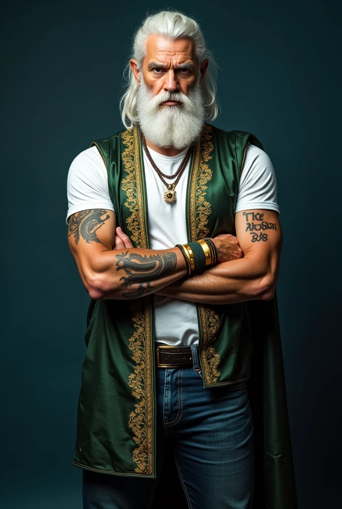 Strong Greek man with braided white hair with slender face
