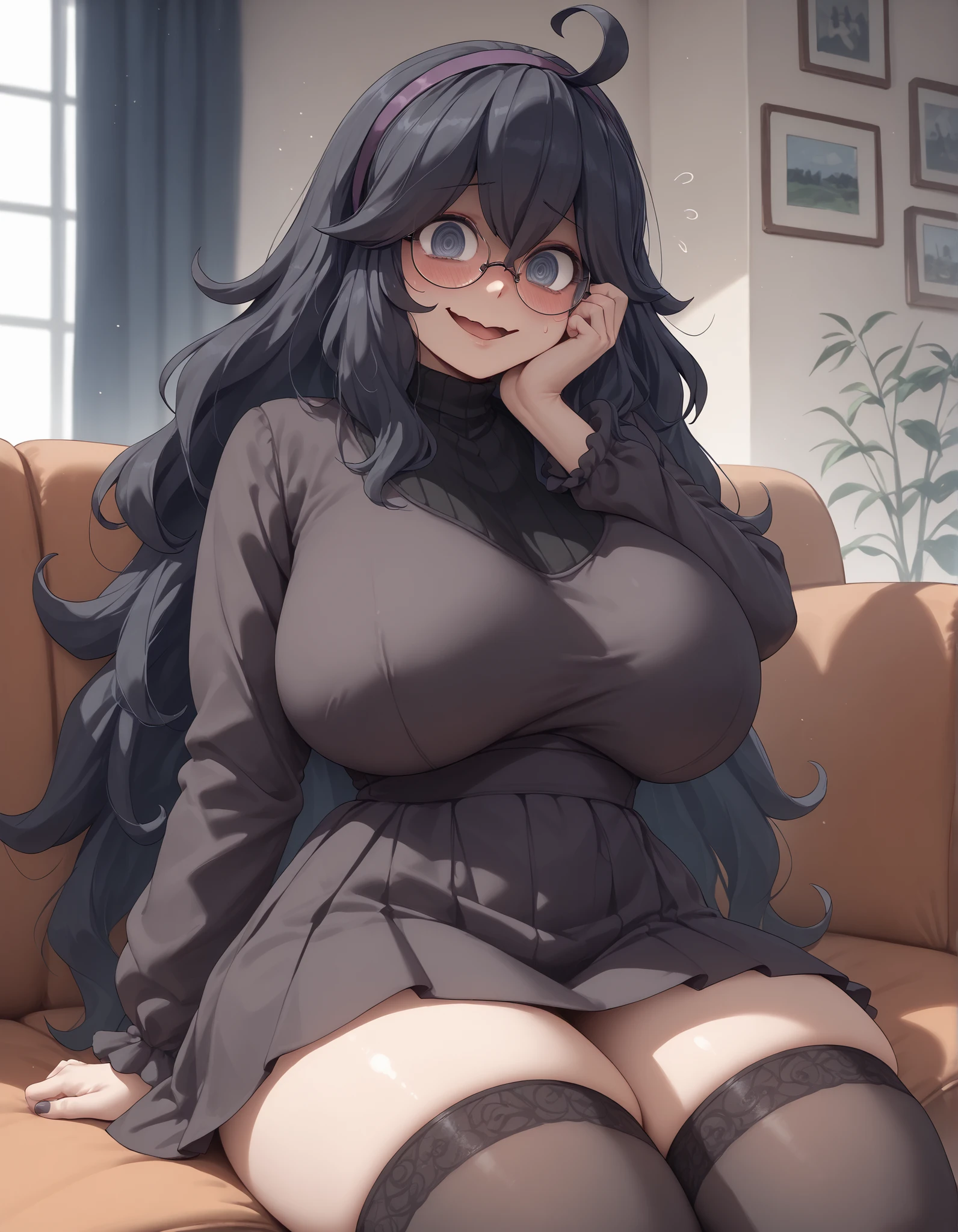 highschooler, girl, dark hair, grey eyes, huge breasts, thick thighs, warm light, living room, couch, blushing, shy gaze, gothic clothing, stockings, half updo, @_@, swirly eyes, shy, nervous, nervous laugh, big glasses, nerdy, gothic, round glasses, (((hex maniac))), dress