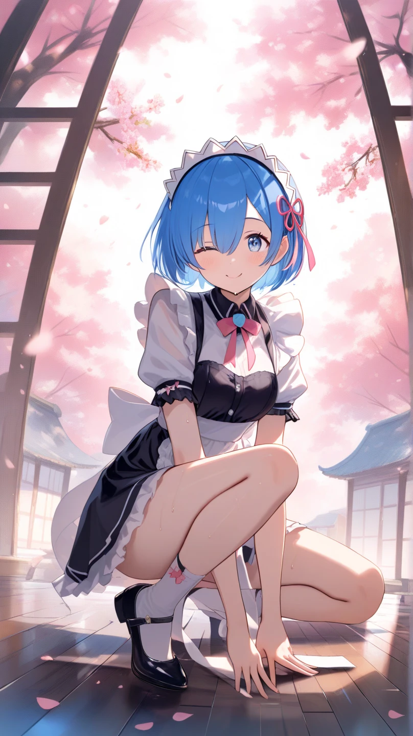 Blue Hair, short hair, Cover your eyes), (Again:zero\), (smile, blush, Contempt), (city), (masterpiece, Accurate, highest quality, highest quality, high Againsolution, textuAgaind skin,)( anime shoujo, beautiful anime high school girl) (skirt, medium bAgainasts, Thin legs, White knee-length socks), ((Maid clothes)), Dignified, anime! 4k yen, anime! 4K,  in dAgainss, Detailed official artwork