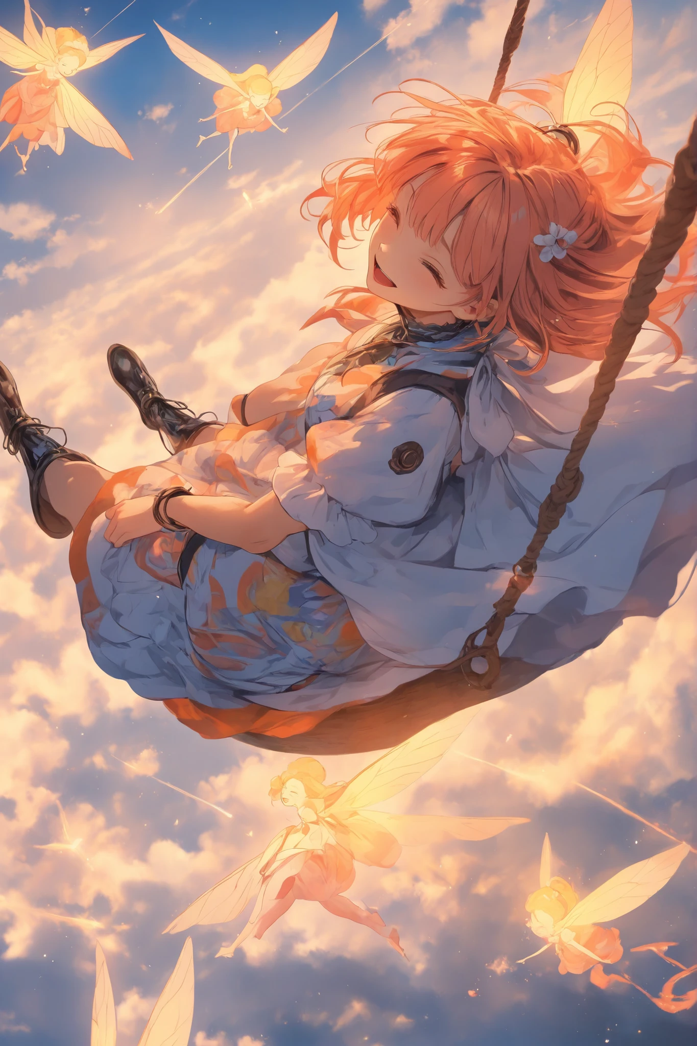 score_9, score_8_up, score_7_up,solo,sherryg,a girl\(pink orange bob hair,closed eyes,open her mouth,big smile),clothes\(white fluffy long one piece dress, orange cute patterns on the dress,orange laser boots with white bow\),she is riding on swings,a little cute fairy with her,white fluffy fairy,fairy,details of the fairy,Dutch angle,from above,beautiful sky,shooting stars, background,happy atmosphere,HDR,8k