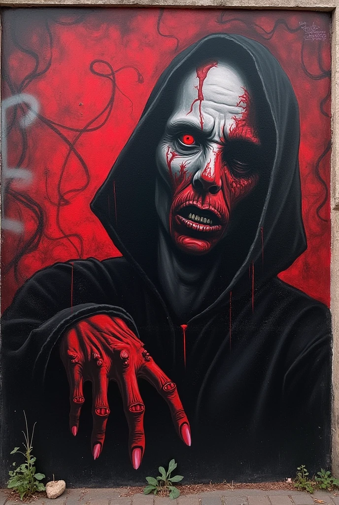 Hooded figure with elongated., bright fingers, dramatically lit, Gorgeous splash of vibrant paint