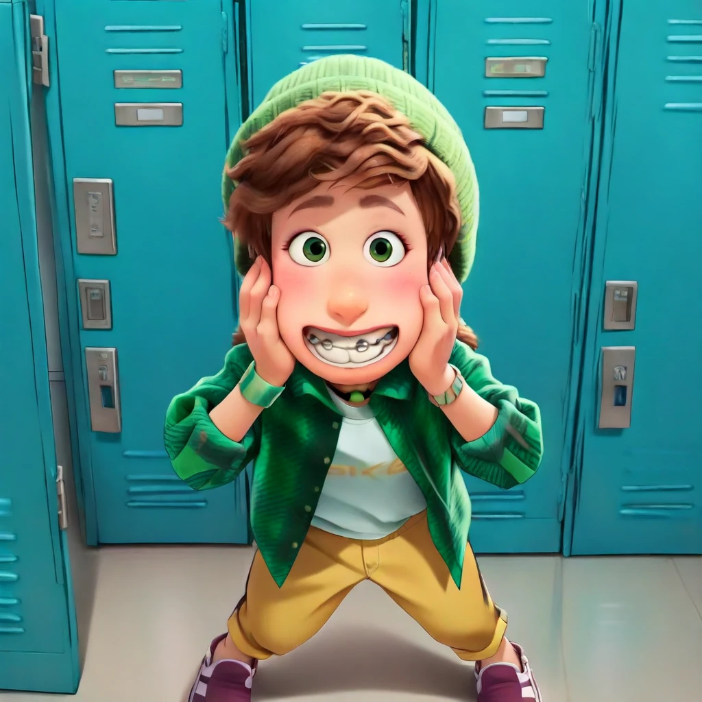 Miriam_TR, 

hat, green eyes, teeth, 

(high quality), (masterpiece), (high resolution), perfect hands, perfect eyes, perfect skin, perfect  

green plaid shirt, white shirt, choker, pants, 

Standing, hands on cheeks, shoes, 
inside, locker, 

1girl, solo, 
looking at viewer, 
smile, ,