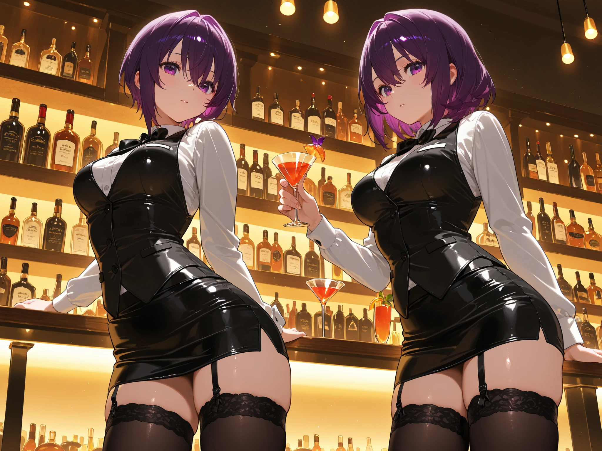 Only one female, Are standing, bartender, (black vest over white dress shirt) tie, Stylish clothing, Mature Woman, /(Black Hair/), (A light smile:0.8), (Masterpiece Top quality:1.2) Delicate illustrations, super detailed, Medium Breast Break ((Colorful neon signs:1.Two on the wall), (Neon tube) Shining Blake (Fashionable bar counter) indoor, ((Cocktail Glass) Filled with colorful liquor), (Dimly lit room), Wine Bottle, Detailed Background