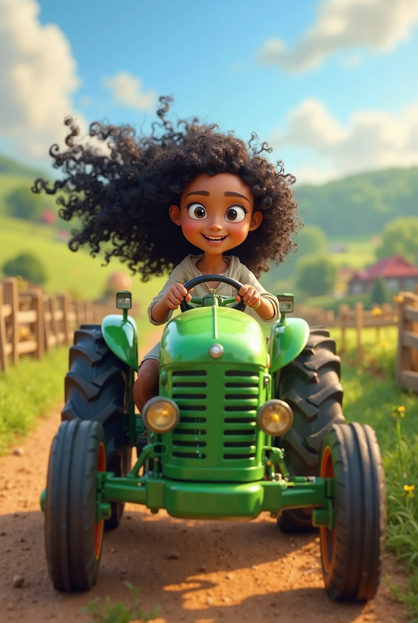 Create 3D image inspired by Pixar,  by Morena, long curly black hair, driving green cabinet tractor