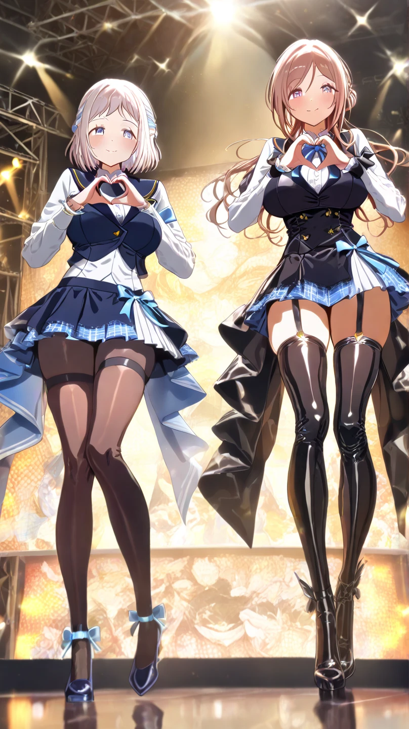 (6+ girls, fluttering skirt, skirt lift, self lift, white underwear:1.1), Big breast, kind smile, sweetlip, black outfit, navel, white thighhighs, gloves, (from bottom, look at viewer:1.1), wide shot, group photo, first person view