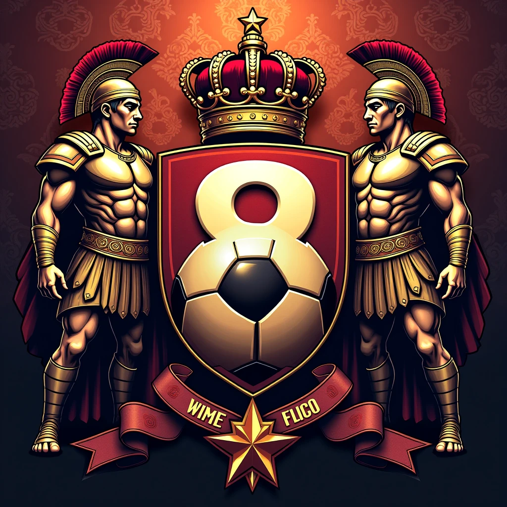 Generate a shield for a soccer team called TROYANOS F.C The shield must have a soccer ball, a trojan warrior, and some wings 

