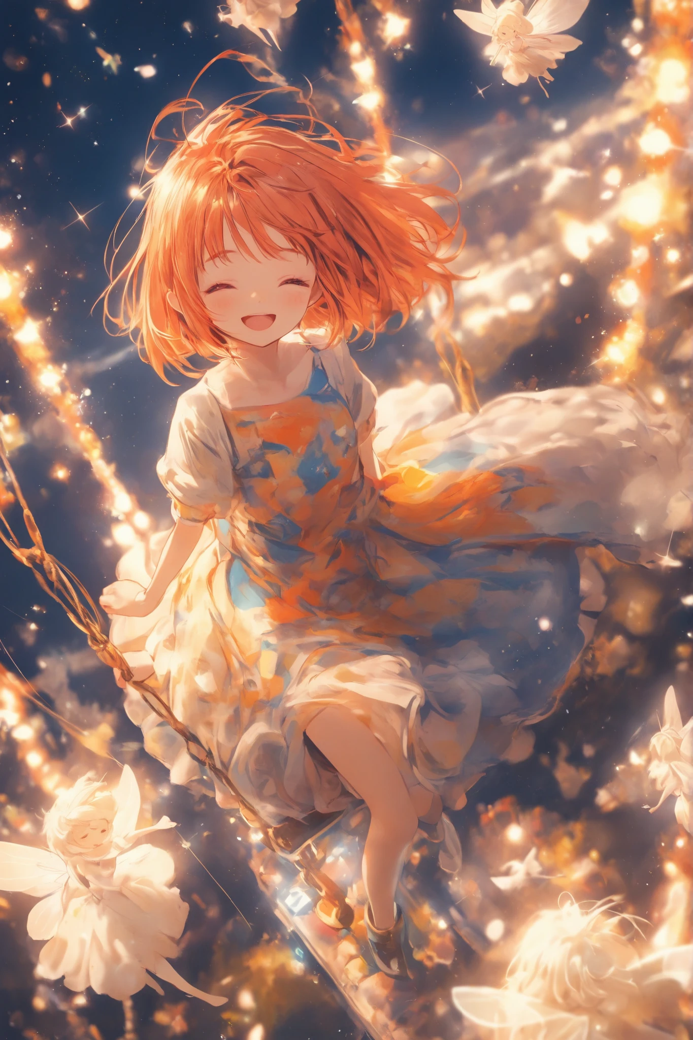 score_9, score_8_up, score_7_up,solo,sherryg,a girl\(pink orange bob hair,closed eyes,open her mouth,big smile),clothes\(white fluffy long one piece dress, orange cute patterns on the dress,orange laser boots with white bow\),she is riding on swings,a little cute fairy with her,white fluffy fairy,fairy,details of the fairy,Dutch angle,from above,beautiful starry sky, background,happy atmosphere,HDR,8k