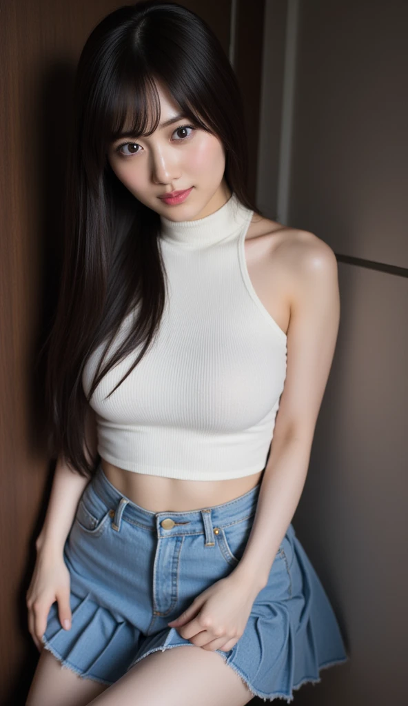 (ultra-realistic realism), (illustratio), (high resolution), (8K), (extremely detaile), (best illustration), (Beautiful and delicate eyes), (Best quality), (Super detailed), (tmasterpiece), (Wallpapers),white sleeveless cut and sew, denim miniskirt, dynamic pose, big breasts, masterpiece, high definition, 24K,hinata uzumaki