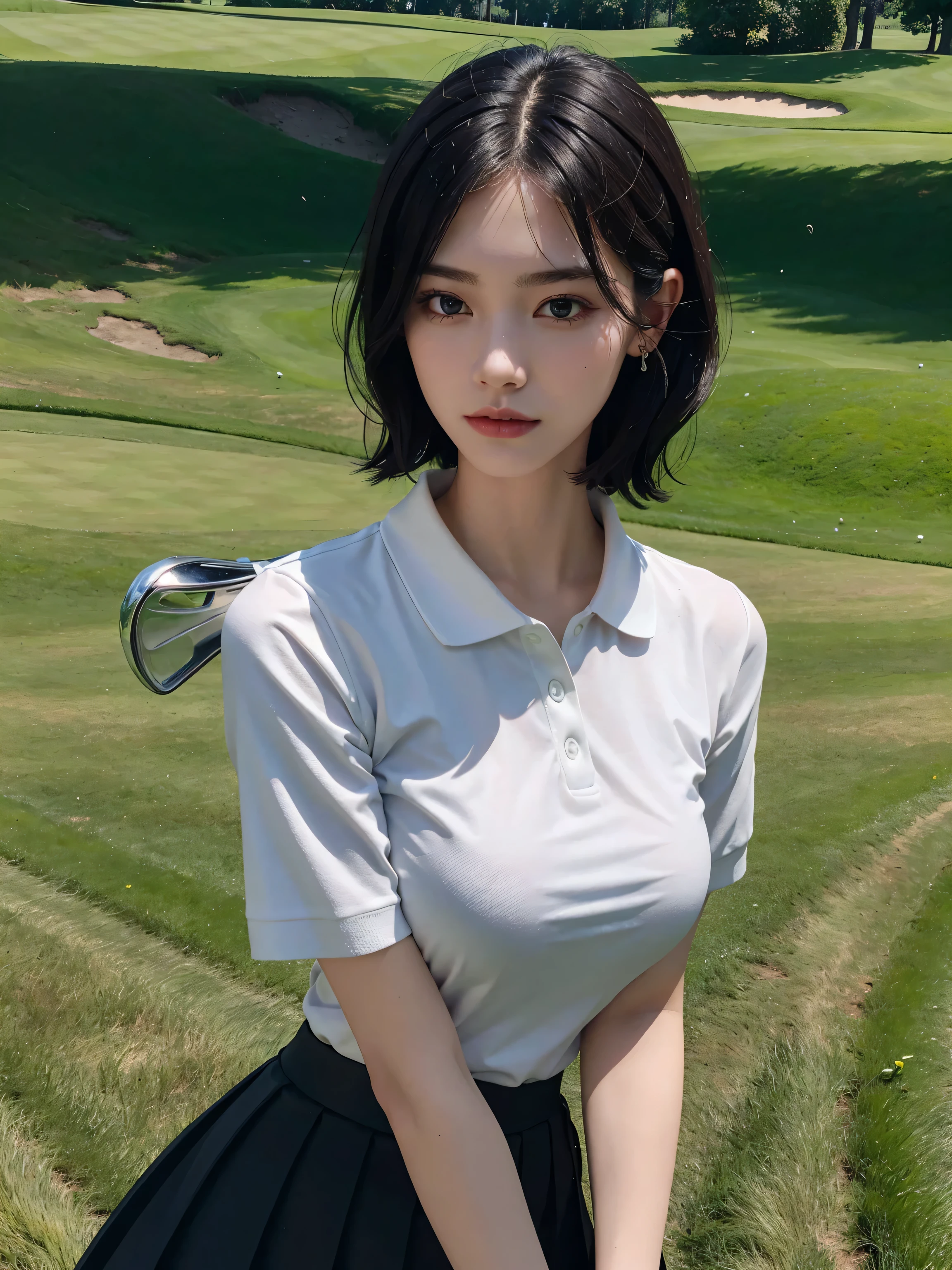 absurdres, RAW photo, extremely delicate and beautiful, masterpiece, Best Quality, ultra high resolution, 32k, hyperrealistic, ultra-detailed, perfect anatomy, perfect figure, super Detailed skin, 20 years old, very Slim body, narrow waist, very small head, very small face, delicate facial features, tearful mole, earring, thin legs, bare legs, ((very huge round breasts)), short medium hair, ((wavy hair)), wet clothes, (((golf uniform))),