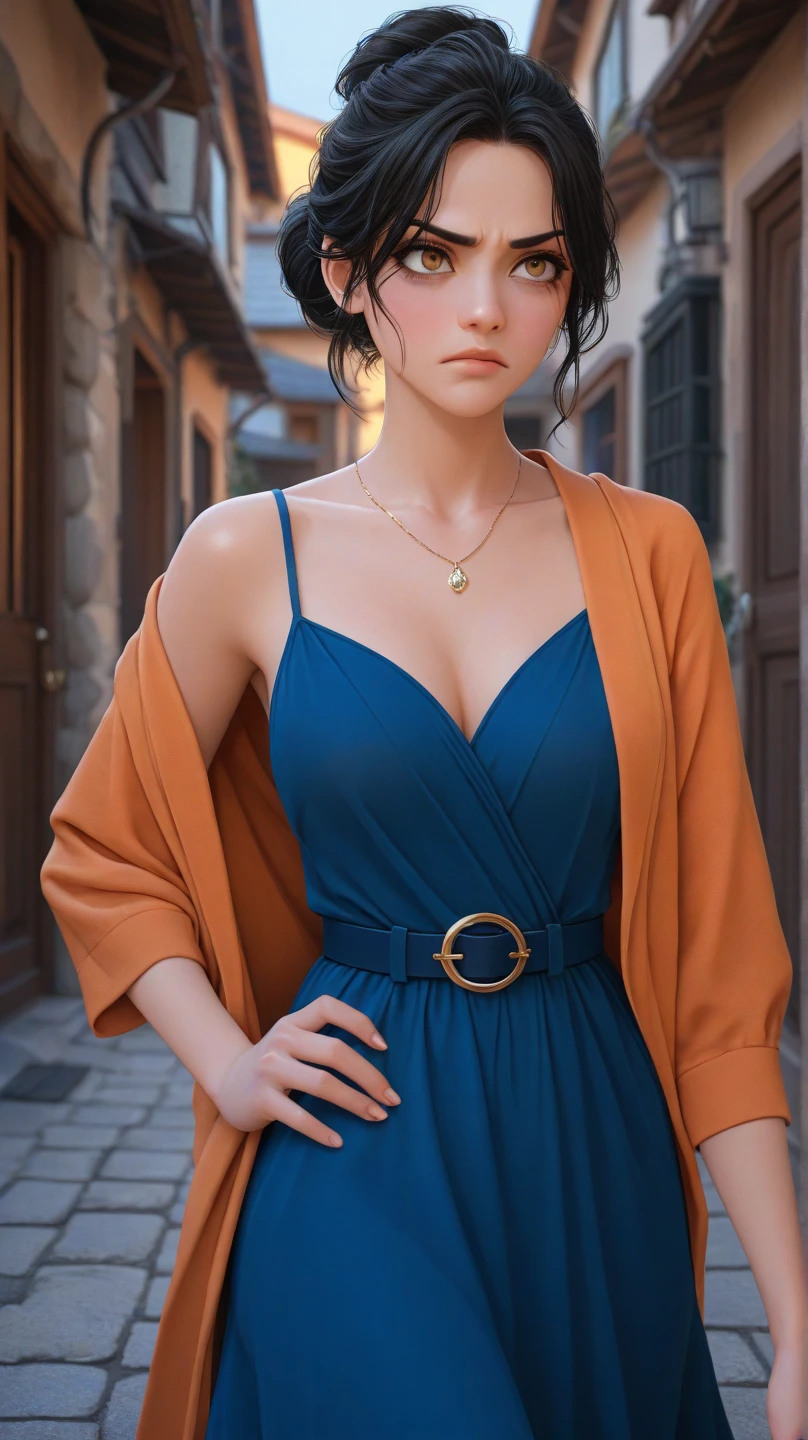 animetoreal,soft light, masterpiece, best quality,high quality,delicate face, realistic,photorealistic,1girl,,Ayanami Rei, short hair,blue hair, red eyes,,bare_shoulders, blue_dress, cape, dress, long_dress, strapless, strapless_dress, blue_footwear, high_heels,in a restaurant,luminous butterflies, fluttering butterflies,