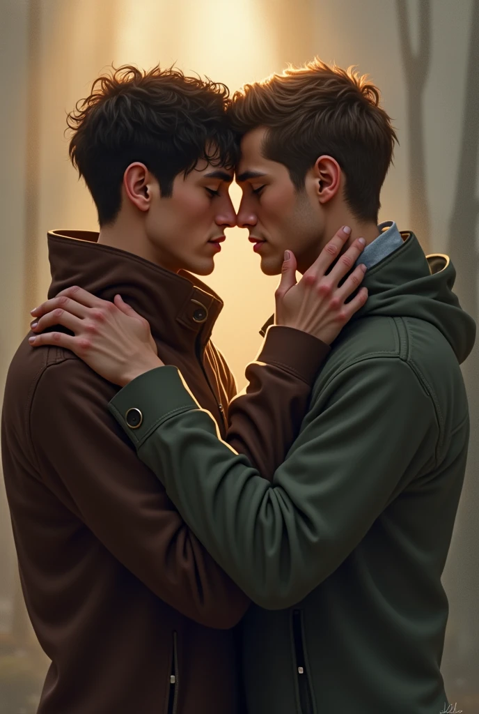 Dark-haired handsome boy grabbing another brown-haired handsome boy by the waist while giving him a kiss in a dark room, anime style