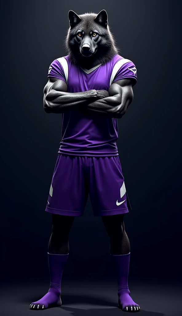 Soccer uniform, white shirt, purple short, white socks