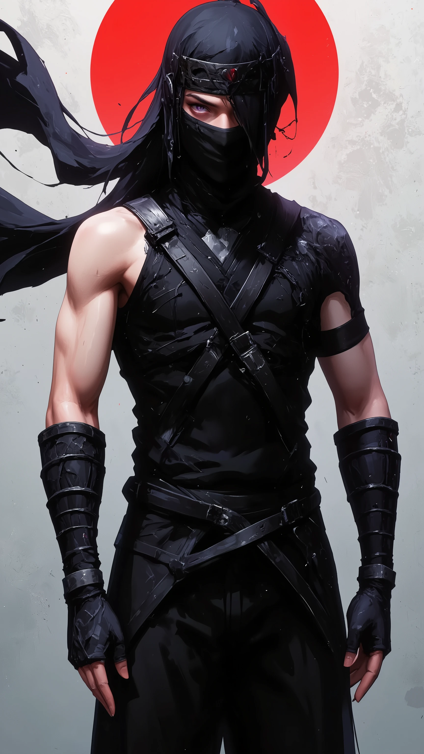 
((Best Quality)),( super high definition),(Super detailed),( detailed description ),((The best CG)),(masterpiece), kagero, long hair, black hair, hair over one eye, purple eyes, shinobi-costume, sftsrv style illustration,(full body shot:1.5),from back
shinobi,
cinematic art style,
ninja style
