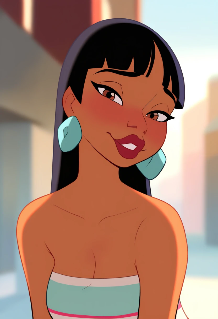 (masterpiece:1.2, best quality:1.2), ambient soft lighting, perfect lighting, 1girl, chel, black hair, long hair, blunt bangs, brown eyes, dark skin, lipstick, large breasts, wide hips, naked, cleavage, bare shoulders, bare breasts, bare waist, bare crotch, emerald earrings, emerald bracelets, upper body, solo, looking at the camera with a smug look on her face, hands on hips, market background ((nude))