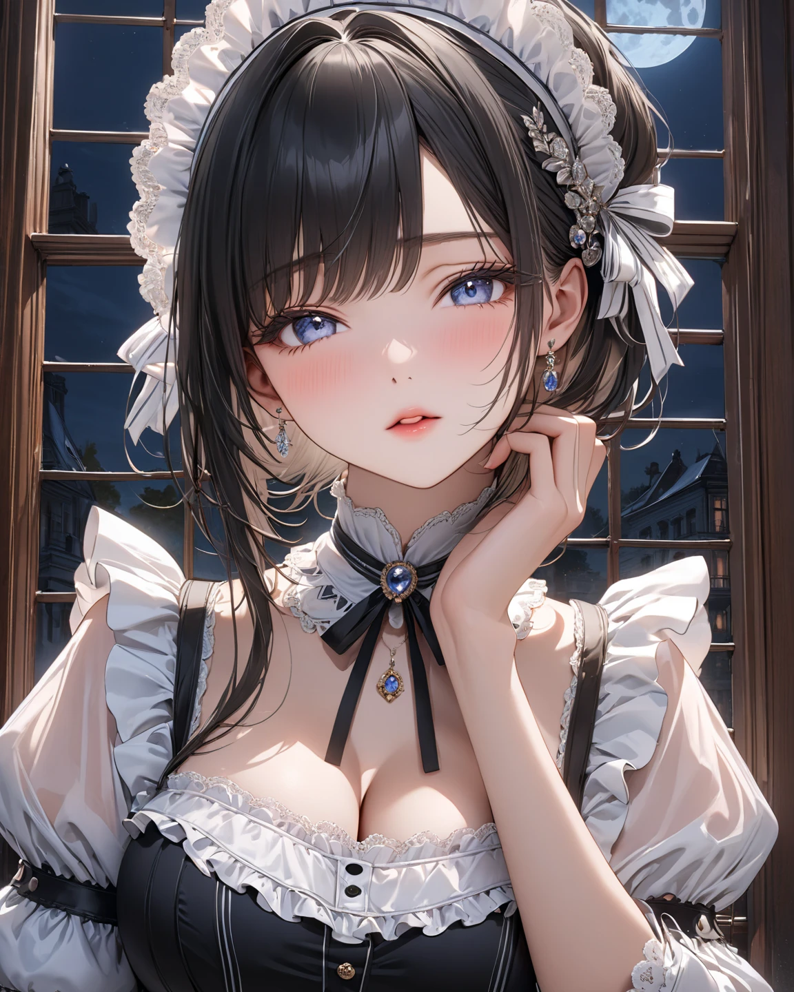 absurdres, RAW photo, extremely delicate and beautiful, masterpiece, Best Quality, ultra high resolution, 32k, hyperrealistic, ultra-detailed, delicate facial features, beautiful detailed woman, tearful mole, earring, medium breasts, full body shot, medium hair, black hair, wavy hair, maid costume,