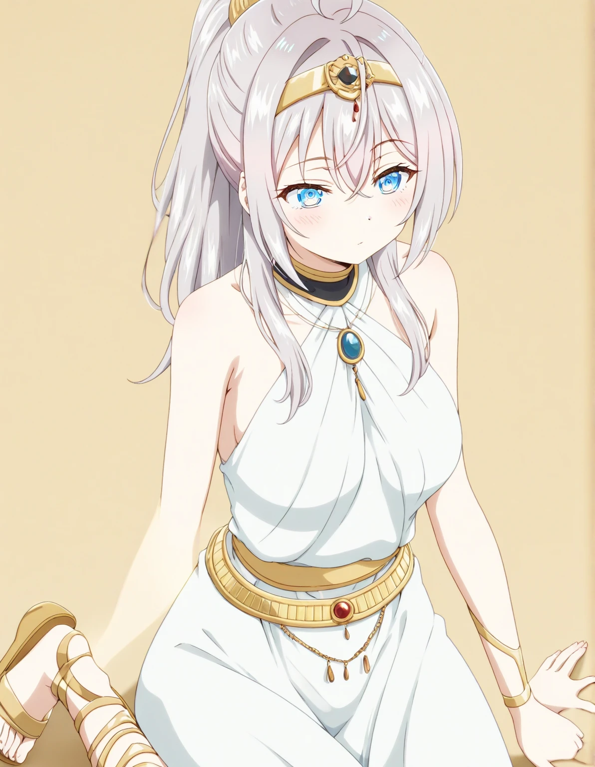 masterpiece, best quality, 16k, 1girl, solo, long hair, light hair, wavy hair, platinum hair, hair bangs, petite, (small breasts:1.1), rating:safe, pink eyes, hair between eyes, evil smile, wearing a peplos, ancient greek dress, gold bracelets, arms behind back, head tilt, evil queen, royalty, goddess, majestic, winter, winter forest, face only, upper body