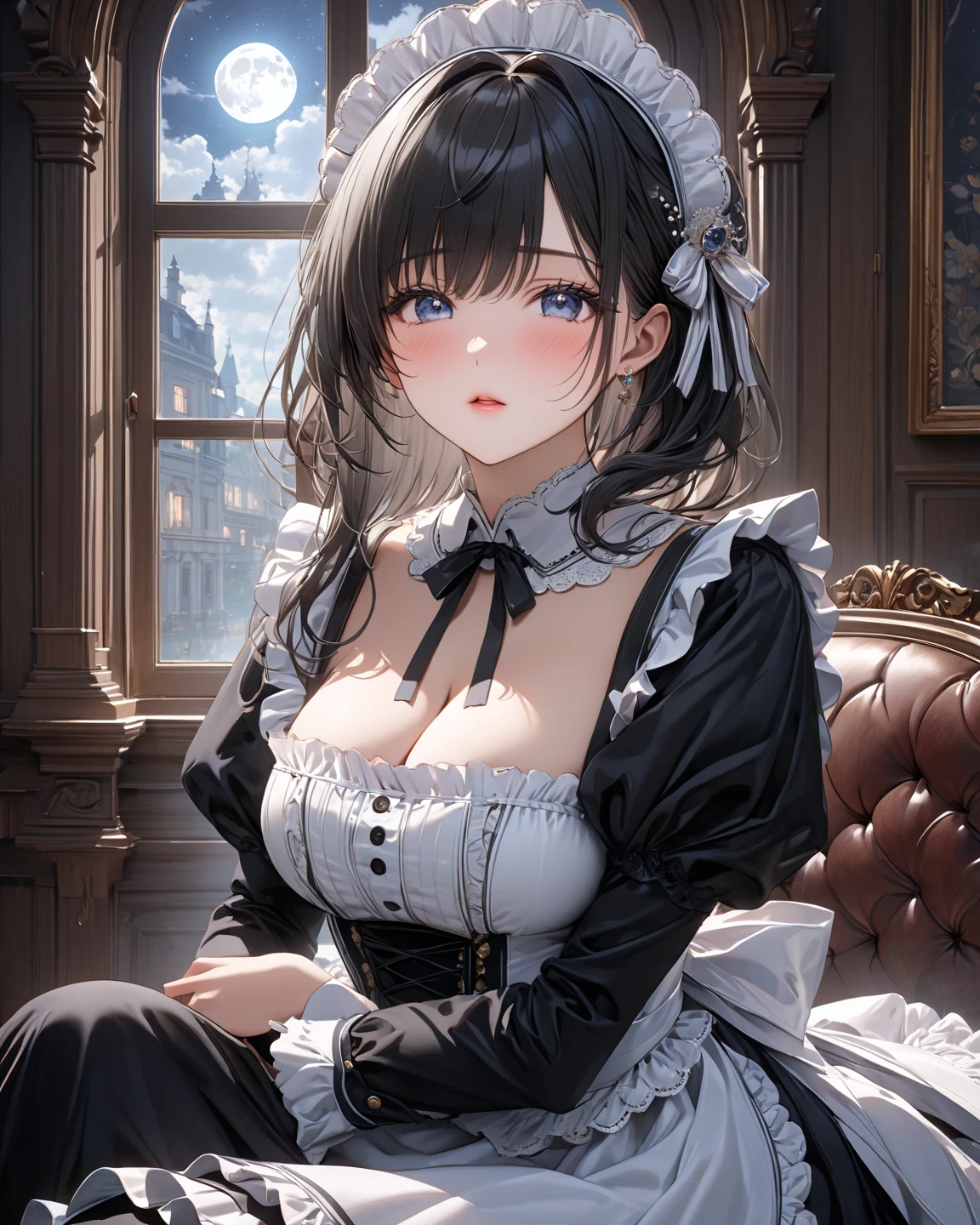 absurdres, RAW photo, extremely delicate and beautiful, masterpiece, Best Quality, ultra high resolution, 32k, hyperrealistic, ultra-detailed, delicate facial features, beautiful detailed woman, tearful mole, earring, medium breasts, full body shot, medium hair, black hair, maid costume,