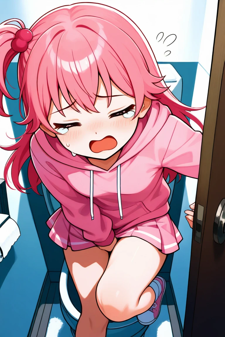 (masterpiece), best quality, expressive eyes, perfect face, a man get transformed into a little toddler girl, solo, blushed, black hair, long hair, red baseball cap, brown eyes, (full body), open mouth, get electrocuted, pink electricity, bare foot,  in daycare, diaper