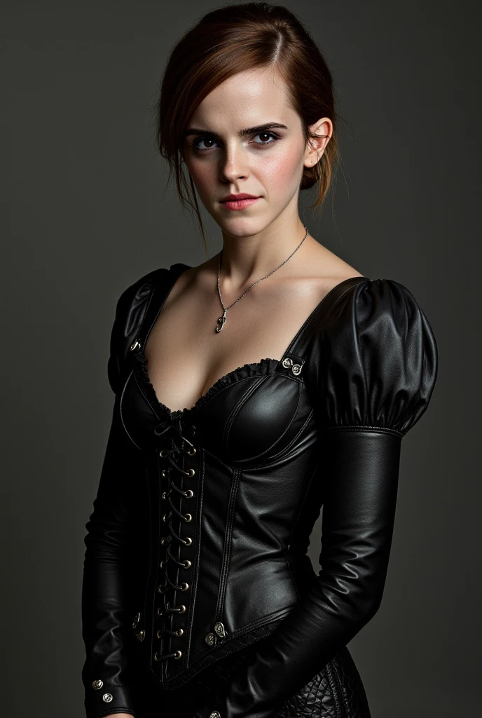 1 person, beautiful young 16 year old Emma Watson as a beautiful teenage witch, bright red very long curly hair, sparkling eyes, beautiful sensual look, looks at the viewer, full lips, red lipstick, black eyelashes, full makeup, slim, skinny legs, big breasts (big breasts: 1.2), black leather long dress of the dark witch, black crown on her head ( crown in the style of Sauron's crown from the movie "Lord Of the Ring": 1.2), (( background: interior of an old scary pagan temple , sculptures of monsters: zombies, ghouls: 1.2 )), red lighting, lamps.
