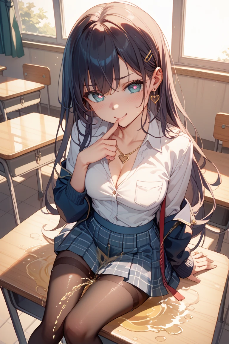 (masterpiece, best quality) ,(high resolution,weak outline),(textile shading), BREAK ((1girl)), shiroko \(blue archive\), BREAK (breast cleavage, beautifuly shaped breasts), BREAK ((beautiful eyes)), BREAK (((School classroom background, stands, sits on the chair, sits at the center))), BREAK ((blush on the face, embrassed, little smile)), ((cat ears)), ((full body shot)), BREAK white_shirt, ((looking_at_viewer)), animal_ear_fluff, plaid_skirt, school_uniform, halo, open_jacket, school_bag, blue_jacket, long_sleeves, pleated_skirt, shoulder_bag, blue_necktie,blue_scarf,