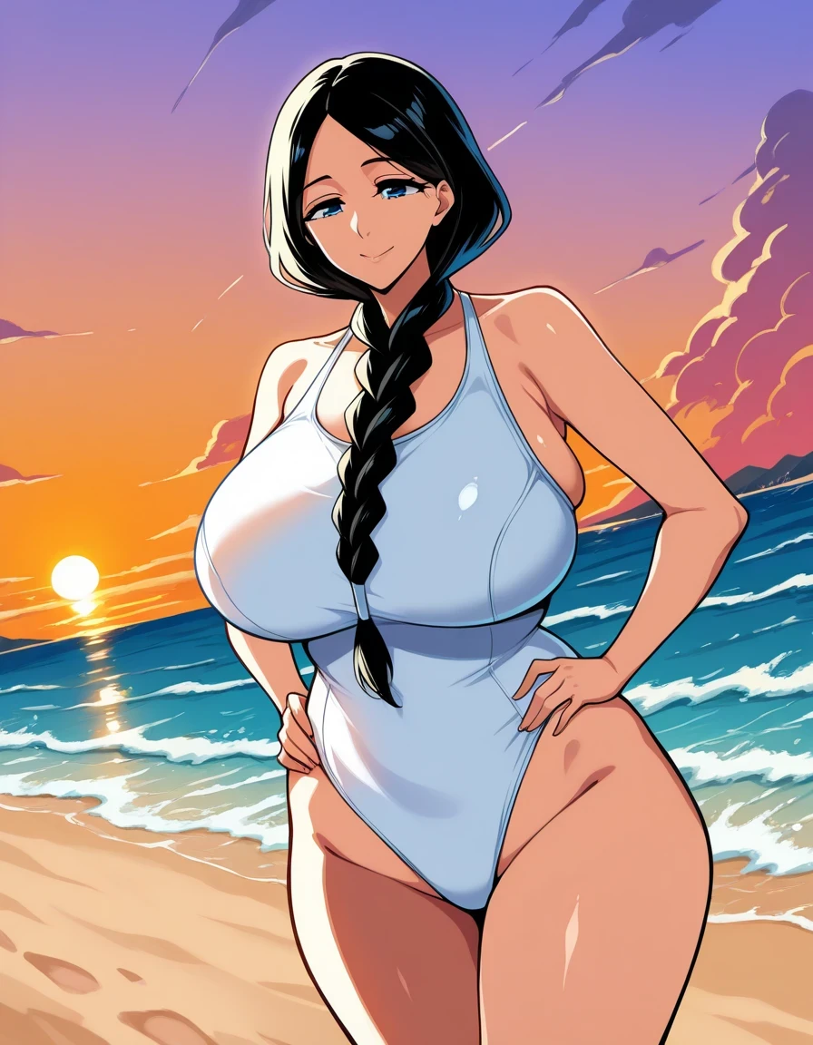 Erisa, 1girl, solo, long hair, looking at viewer, black hair, bandaid on face, yellow eyes, animal ears, smile, bandaid on nose, braid, cat ears, bandaid, bangs, breasts, fake animal ears, simple background, fang, bare shoulders, scar, bare shoulders, closed mouth, hair over one eye, portrait, hair over shoulder, legs, seductive, bathing suit, 2 piece swimsuit, beach, realistic, highly detailed face, detailed eyes, best quality, masterpiece, ultra detail, ultra high res, extreme detail, 8k, uhd, voluptuous, curvy, thick thighs, milf