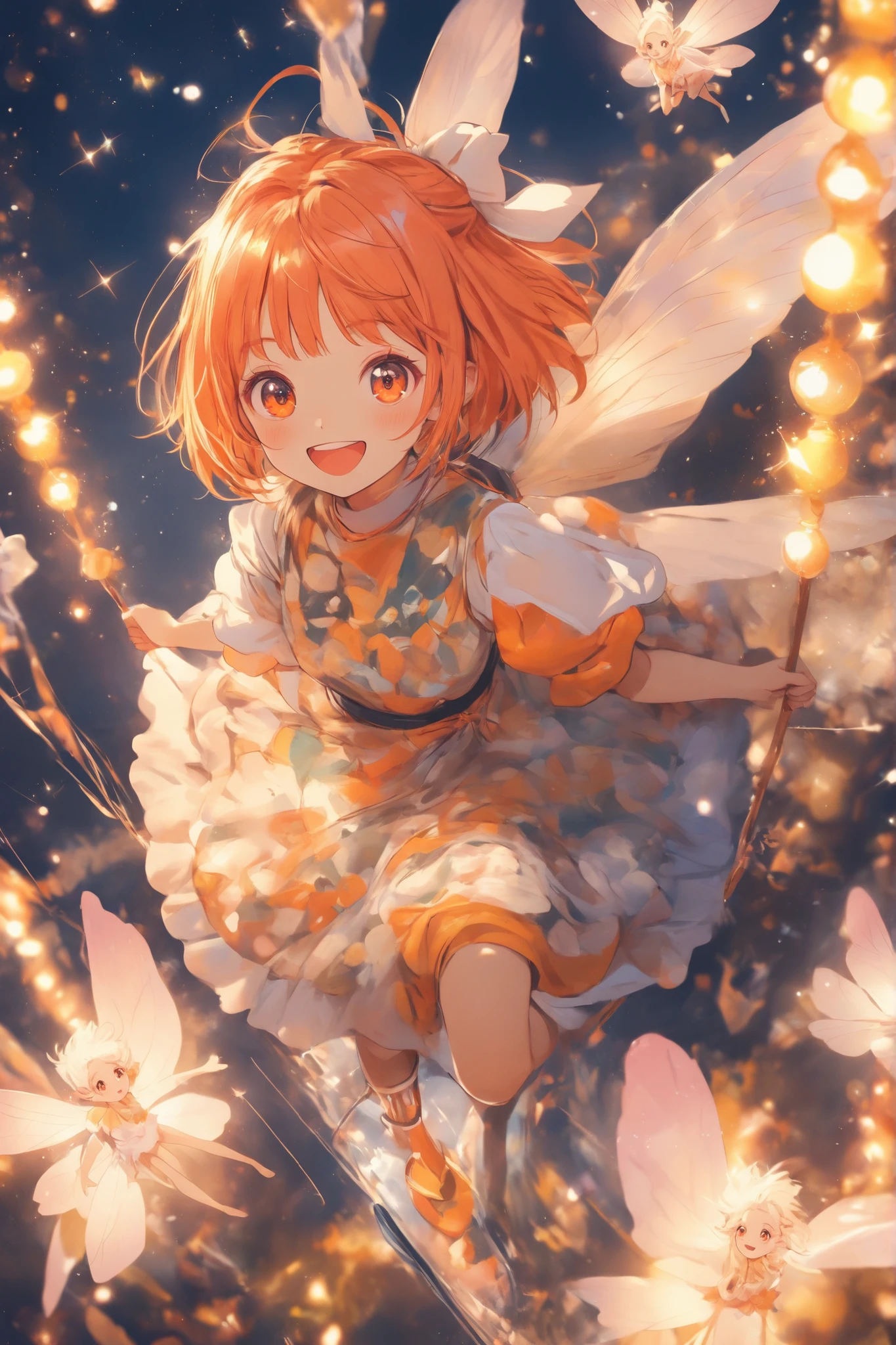 score_9, score_8_up, score_7_up,solo,sherryg,a girl\(pink orange bob hair,big orange eyes,open her mouth,big smile),clothes\(white fluffy long one piece dress, orange cute patterns on the dress,orange laser boots with white bow\),she is riding on swings,a little cute fairy with her,white fluffy fairy,fairy,details of the fairy,Dutch angle,from above,beautiful starry sky, background,happy atmosphere,HDR,8k