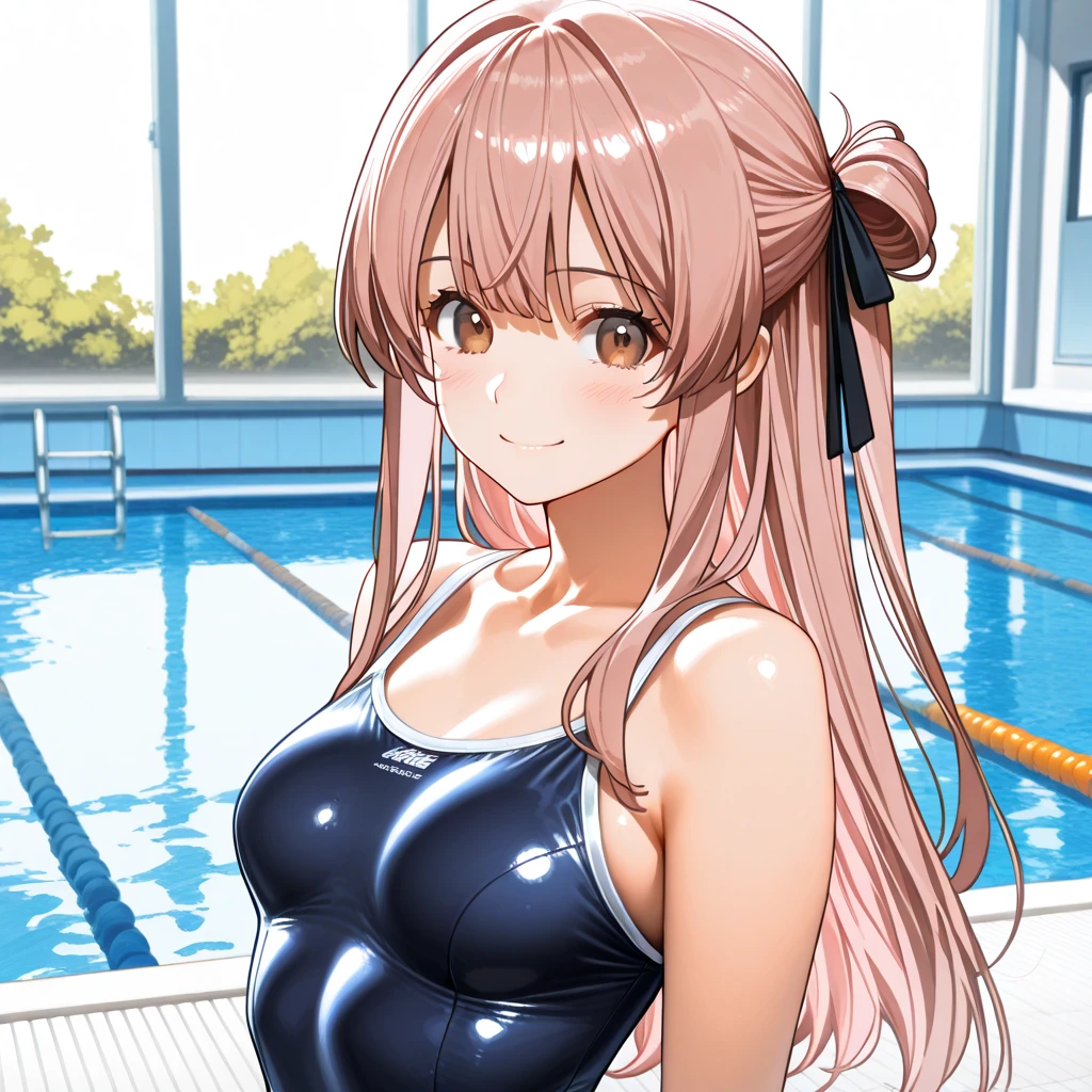 nogami_izumi, <lora:nogami_izumiv1:0.7>, school swimsuit, pool, red eyes,, masterpiece, best quality