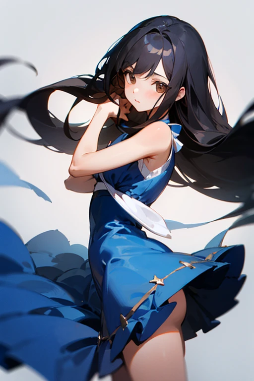 (​masterpiece、1 girl per 1 photo、FULL BODYSHOT、Straight front view)、17 years old girl、Wearing a light blue lace dress、hyper cute face、long eyeslashes、(Beautiful five-fingered)、（A dark-haired)、((de pele branca))、Beautiful skin、image in center、8K分辨率、high detal、detailed hairstyle、A detailed face、with a vibrant、Perfect limbs、Jumping statue with one leg bent、perfect anatomia、Simple background