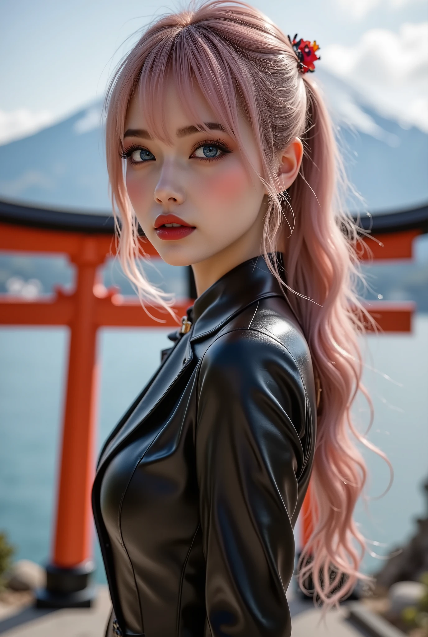 [Style: - "8k, masterpiece, realistic, Photorealistic realism, Hyper high resolution" - "highest quality, intricate ultra-detailed digital art"] (Key Directive: - "The priority is the anatomical accuracy and texture of the materials" - "Ultra-sharp human eyes with biological accuracy") {Character: "a beautiful girl, [Rosé from blackpink((firm and full breasts))]" | Face: "full lips, red lipstick, intense gaze" | Eyes: - "((sharp focus, no blurry eyes, Hyper absurd quality, Hyper details, Hyper realistic brown eyes:1.4))" - "((extra narrow eyebrows))" - "(Carefully draw Long blue_mascara:1.2)" - "(perfect round eyes)" | Hair: "long hair, pink hair, curls at the ends of the hair, hair above one eye,((long combed to the side:1.23))" | Pose: "elegant pose" Outfit: [Top: "modest office suit {black,elegant,leather}, (shiny accessories)" | laced white undershirt" | (Shoes: "high heels (black leather)"] Environment: "[Mt. Fuji tori]" Lighting: "studio lighting, monochromatic, striking contrast, dramatic shadows" (Rendering engine: "Unreal Engine 5 path tracing, 16K texture maps") | The ultra-Highres,Unreal 5,Subsurface scattering,PBR Texturing,Post-Processing,Anisotropic Filtering,depth of fields,Maximum Sharpness and Sharpness,multi-layered texture,Albedo and Specular maps,Surface Shading,Precise simulation of light-material interactions,perfectly proportions,Octane rendering,Two-tone illumination,Wide Aperture, low ISO, white balance, The rule of thirds