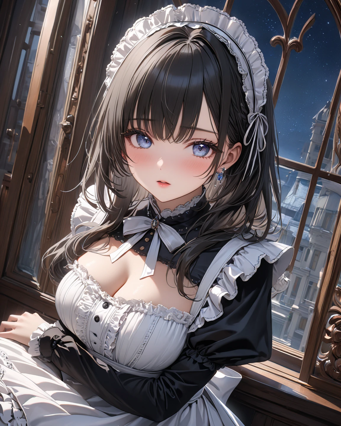 absurdres, RAW photo, extremely delicate and beautiful, masterpiece, Best Quality, ultra high resolution, 32k, hyperrealistic, ultra-detailed, delicate facial features, beautiful detailed woman, tearful mole, earring, medium breasts, full body shot, medium hair, black hair, wavy hair, maid costume,
