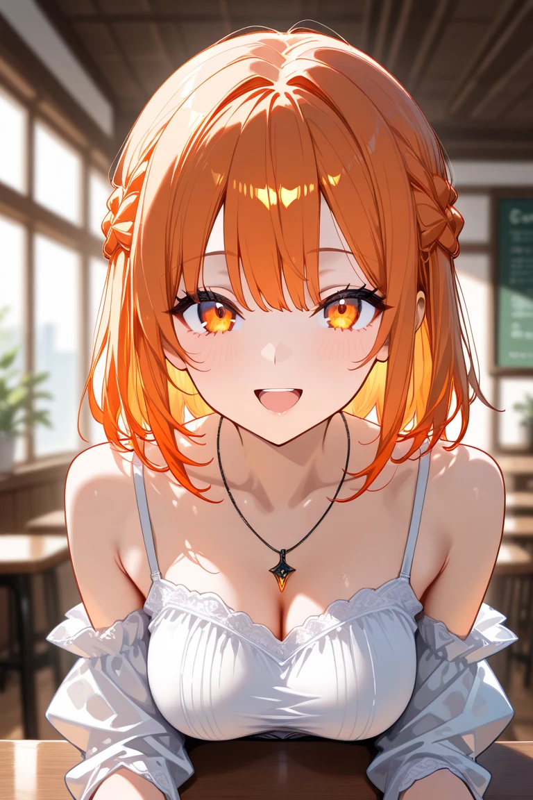 masterpiece, best quality, ultra-detailed, illustration, an extremely delicate and beautiful, cute, 1girl, solo, orange hair, brown eyes, simple background, upper body, bust up shot,, beautiful clavicle, cleavage cleavage