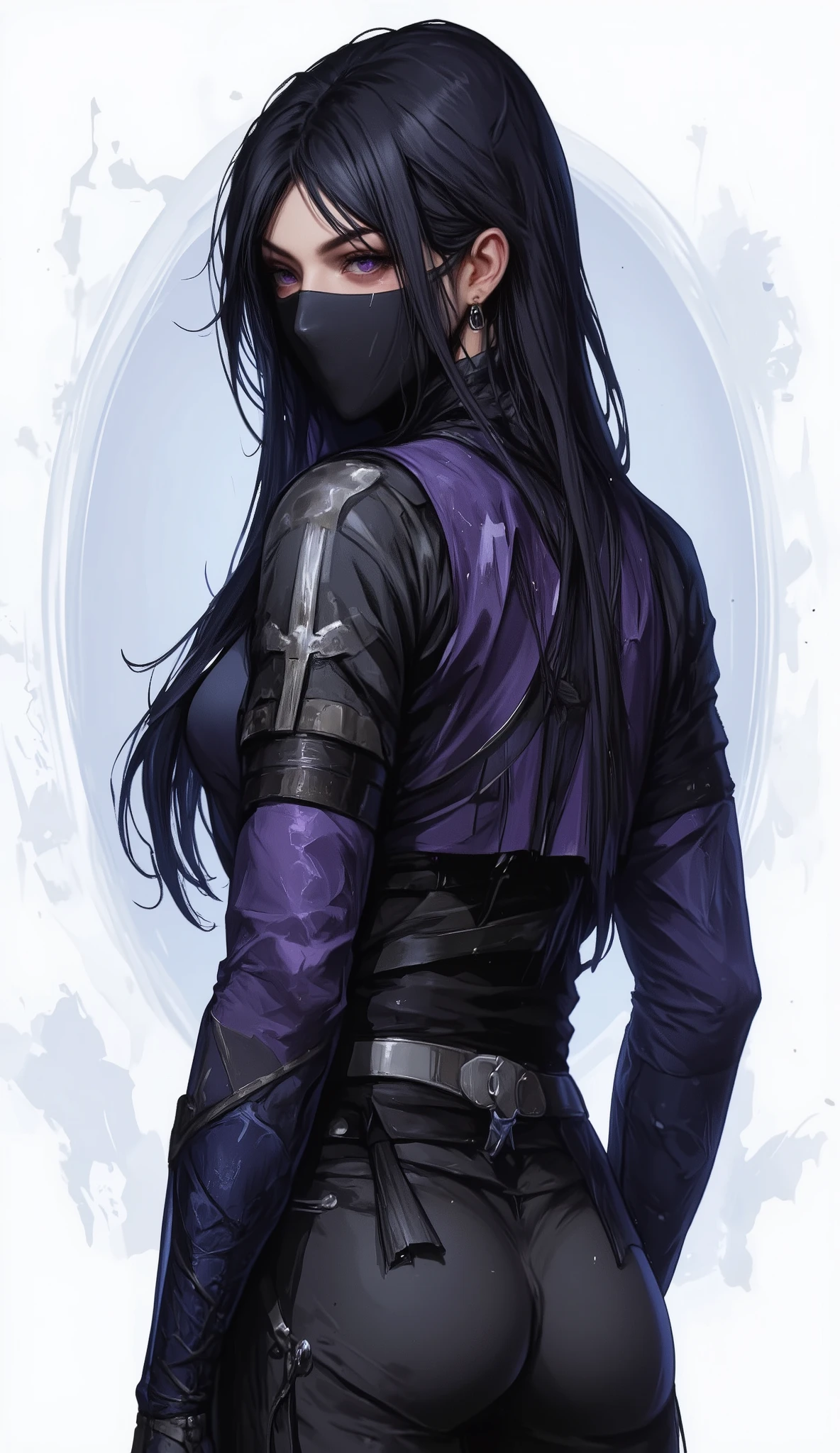 ((Best Quality)),( super high definition),(Super detailed),( detailed description ),((The best CG)),(masterpiece), kagero, long hair, black hair, hair over one eye, purple eyes, shinobi-costume, sftsrv style illustration,(full body shot:1.5),(from back angle :1.5)
shinobi,
cinematic art style,
ninja style