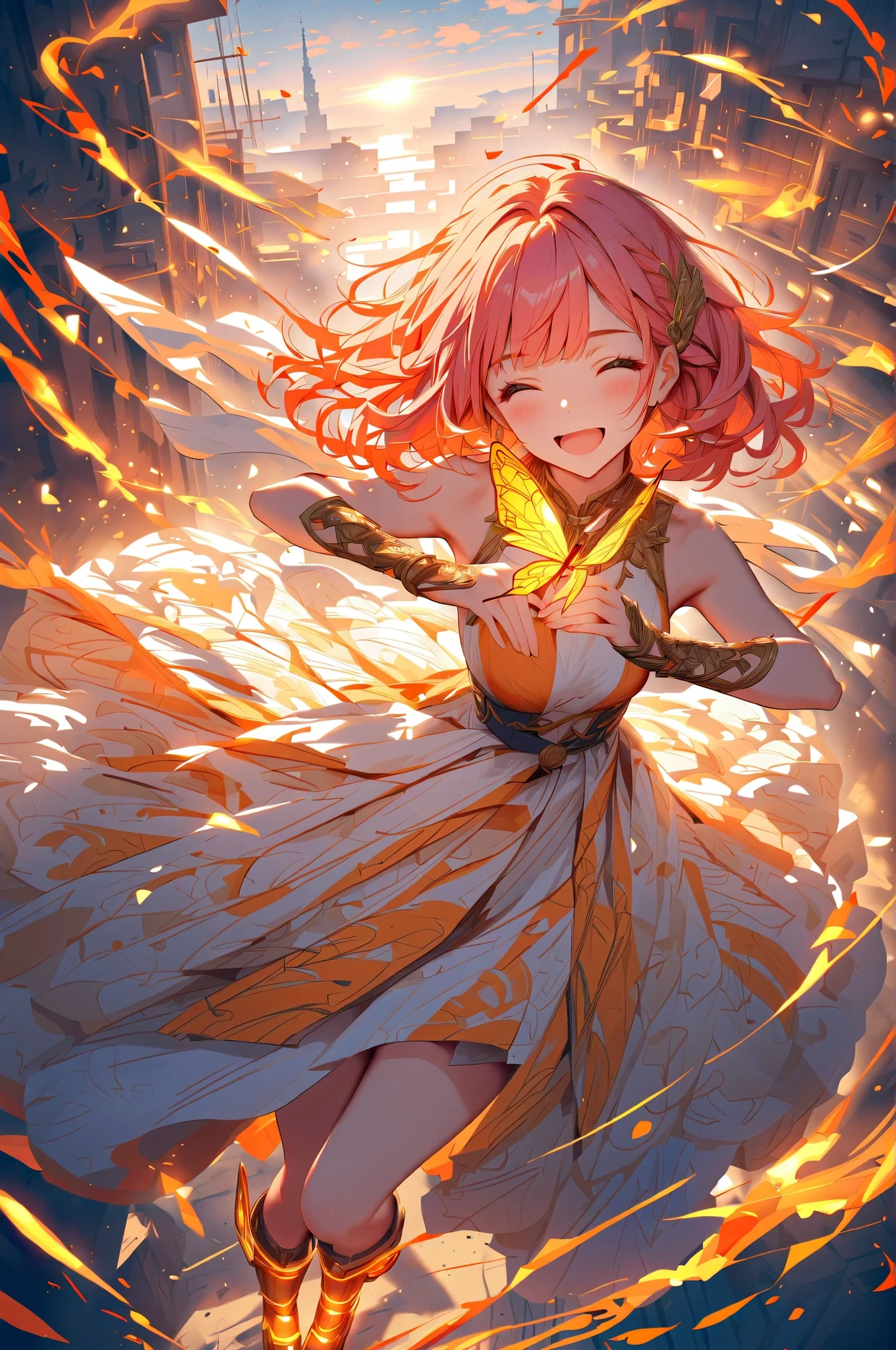 (masterpiece, best quality),solo,sherryg,a girl\(pink orange bob hair,closed eyes,open her mouth,big smile),clothes\(white fluffy long one piece dress, orange cute patterns on the dress,orange laser boots with white bow\),she looks solo green butterfly on her hands,from above,Dutch angle,mythical atmospheher,intricate art work,detailed illustration,hand written sketch,HDR,8k